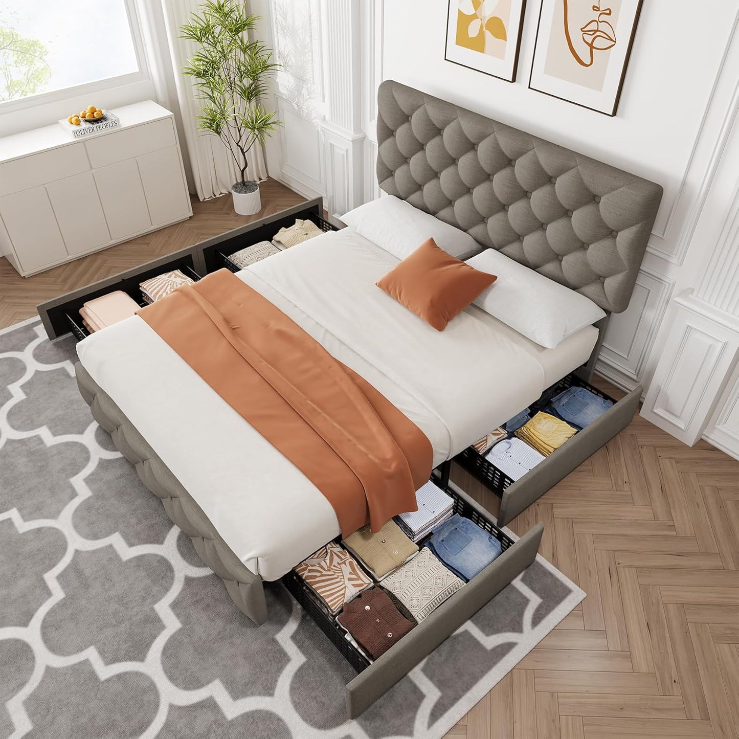 GARVEE Bed Frame with 4 Storage Drawers & Adjustable Headboard