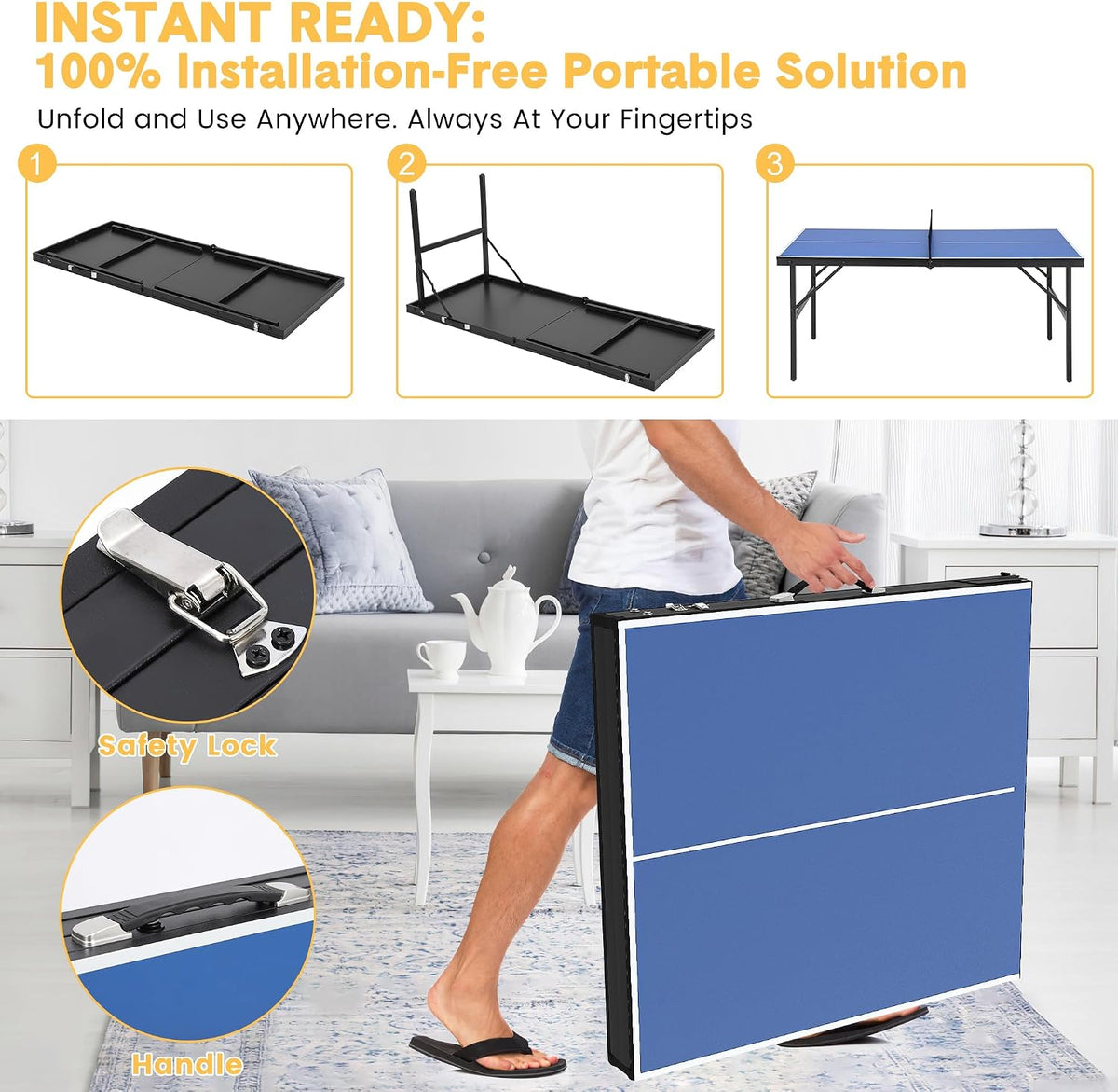 Riedhoff Portable Table Tennis Table with 2 Paddles & 3 Balls
