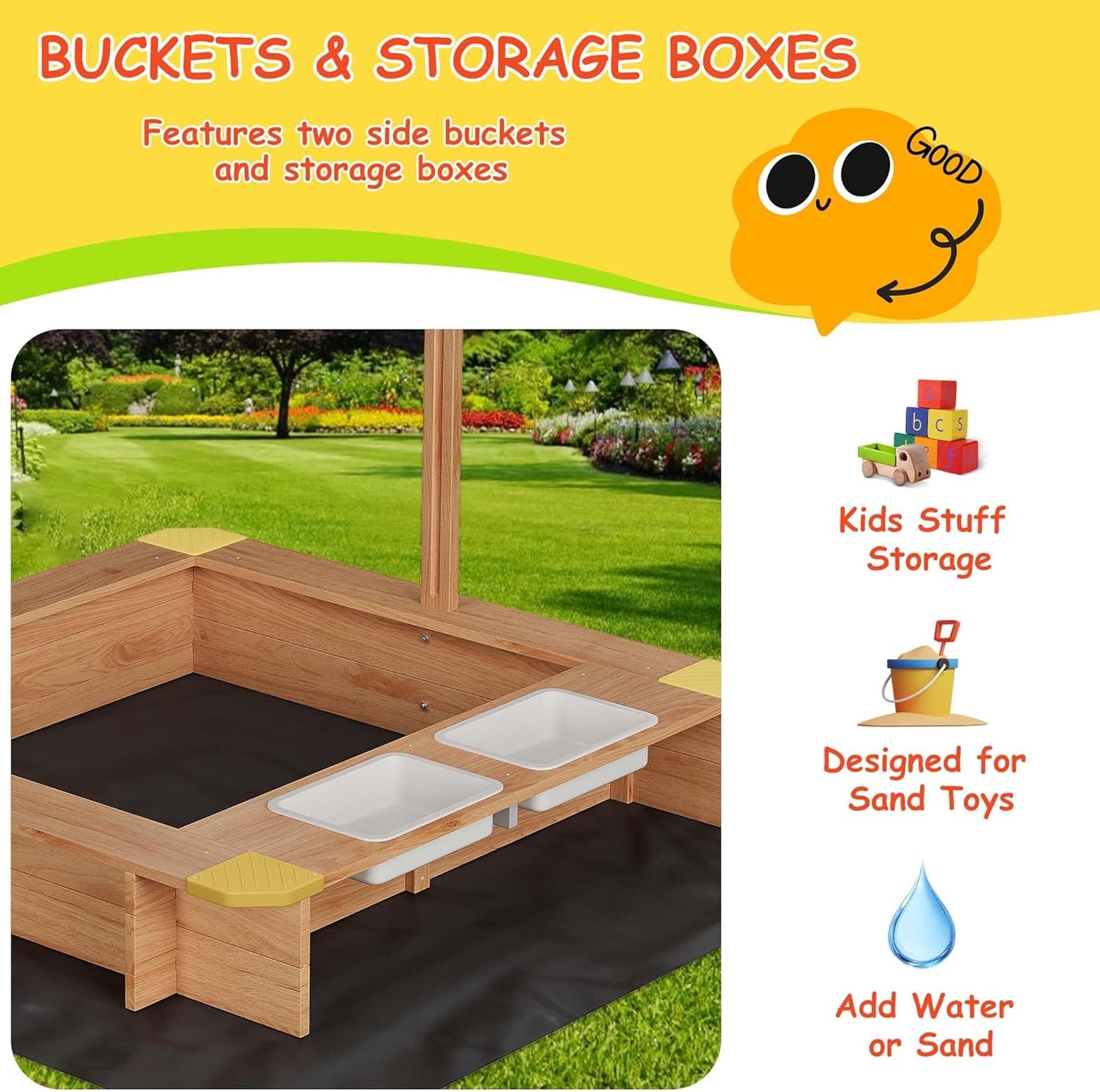 Garvee Kids Wooden Sandbox With 2 Plastic Boxes, Adjustable Canopy, Bottom Liner, 39.3 x 26.7"