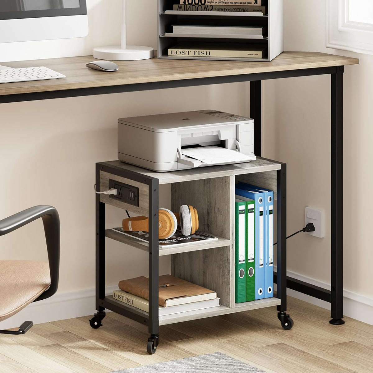 Garvee Rolling Printer Table, 3 Tiers, 17.3 x 11.8 x 18.1", with Lockable Wheels & Power Outlets