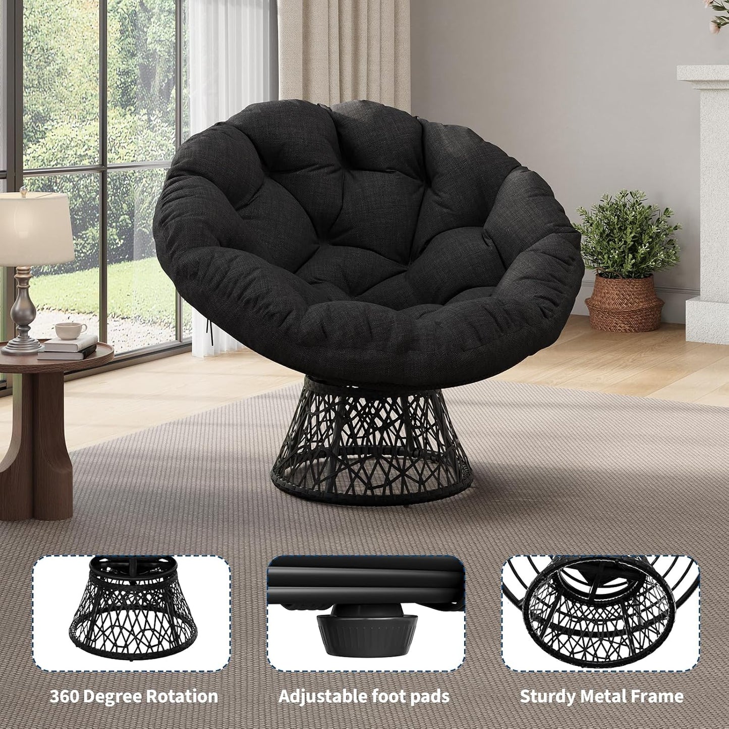 Riedhoff Wicker Papasan Chair 49 x 49 x 36", Extra-Thick Cushion, 360° Swivel Base