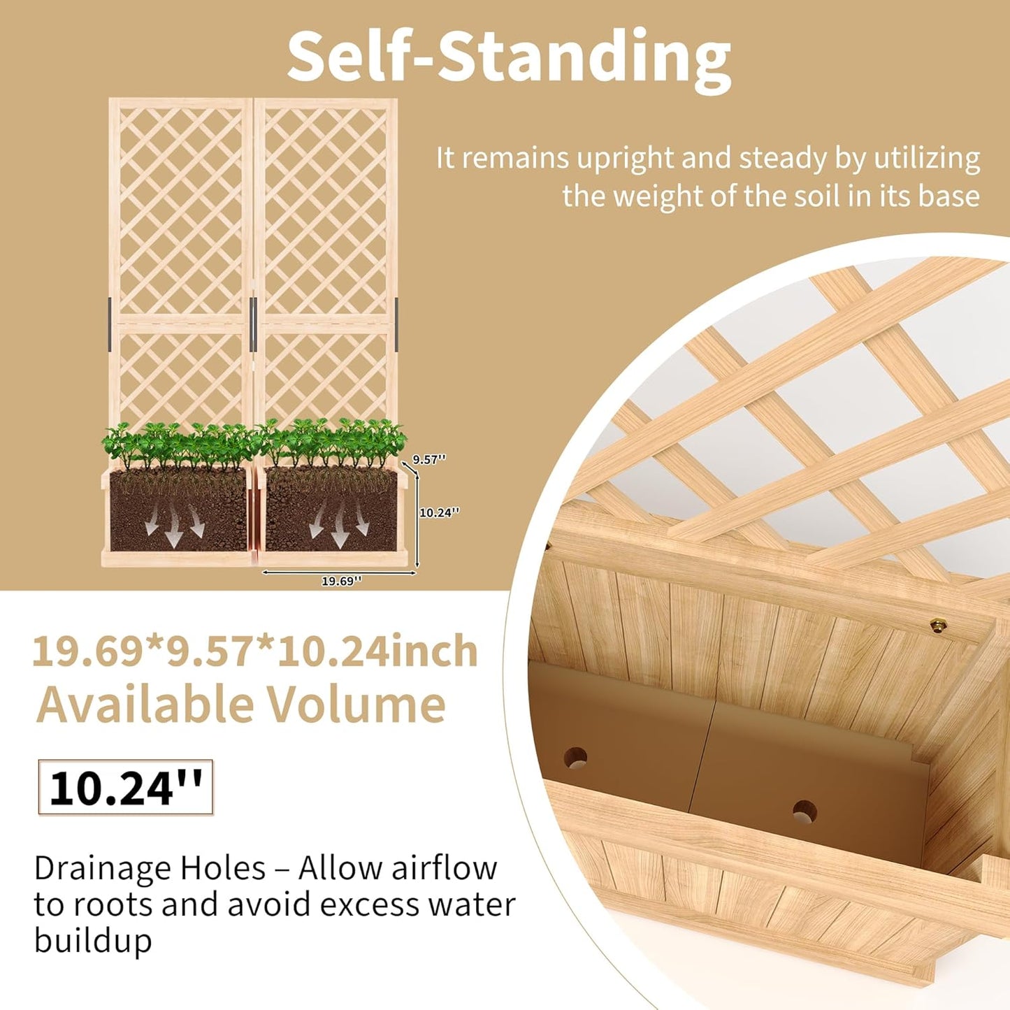 Riedhoff Outdoor Planter Boxes with 2 Privacy Screen, 41" x 10" x 65", Drain Holes, Natural