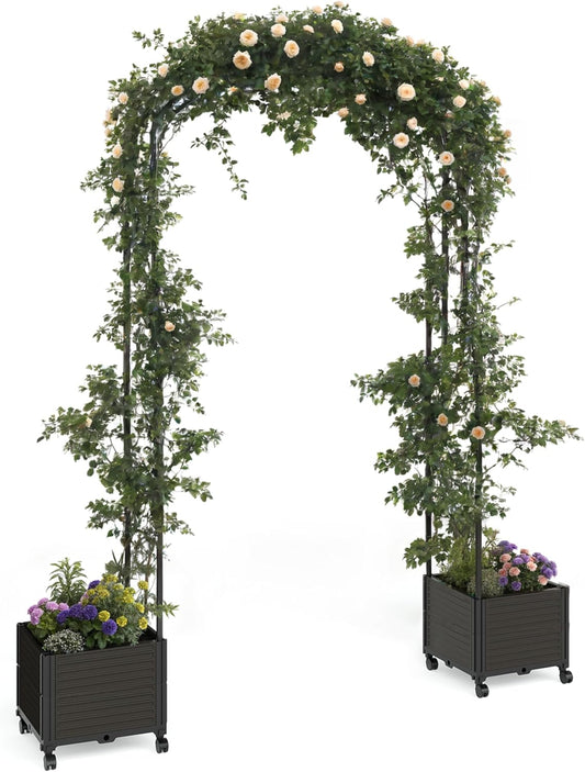 Garvee Metal Garden Arch Trellis for Climbing Plants, 2 Raised Planter Box, Black