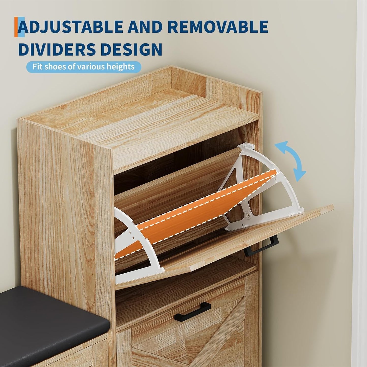 Garvee Shoe Storage Bench, 68.5 x 11.8 x 36.4", with 4 Flip Drawers & Padded Seat Cushion, Oak