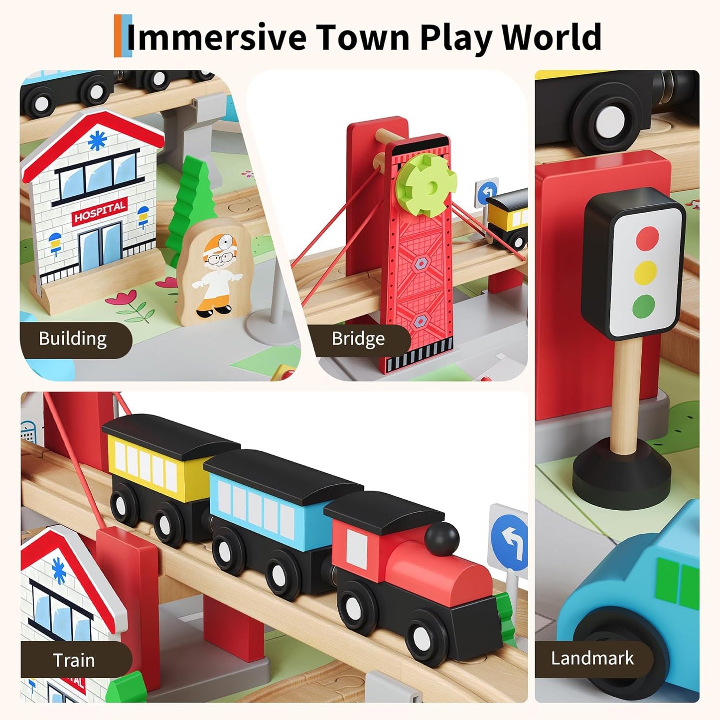 Garvee Wooden Train Table, 92 Piece Multicolor, 3 Storage Bins, 36.22 x 25.2 x 15.75"
