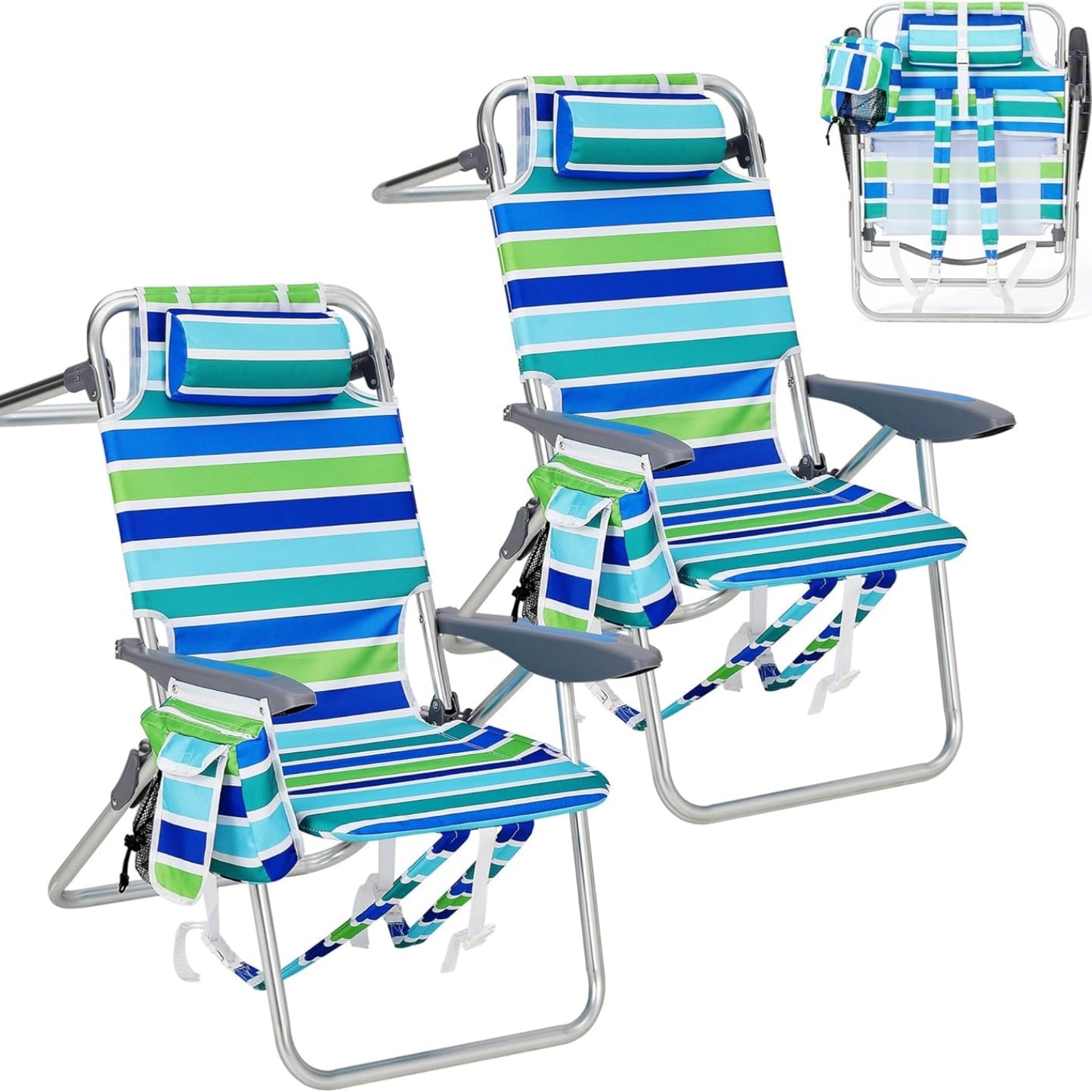 Riedhoff Portable Beach Chair with Adjustable Backrest and Cup Holders, Ocean Striped