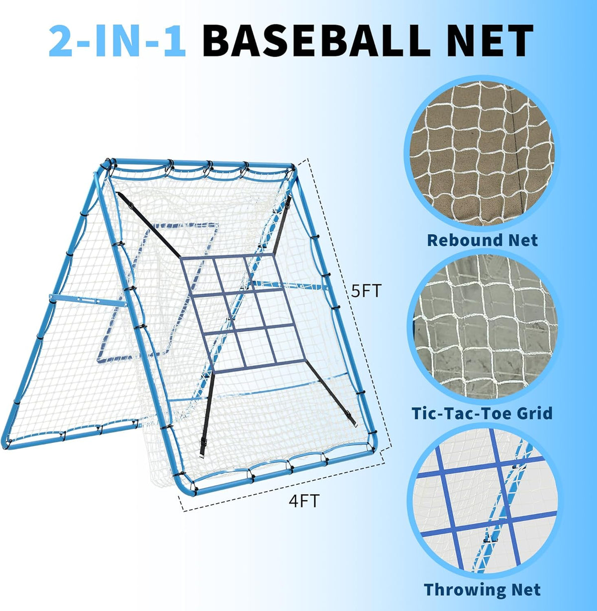 Riedhoff Baseball Pitching Rebounder Net, 5 x 4 ft, 9 Hole Batting Target, Adjustable Angle, Blue