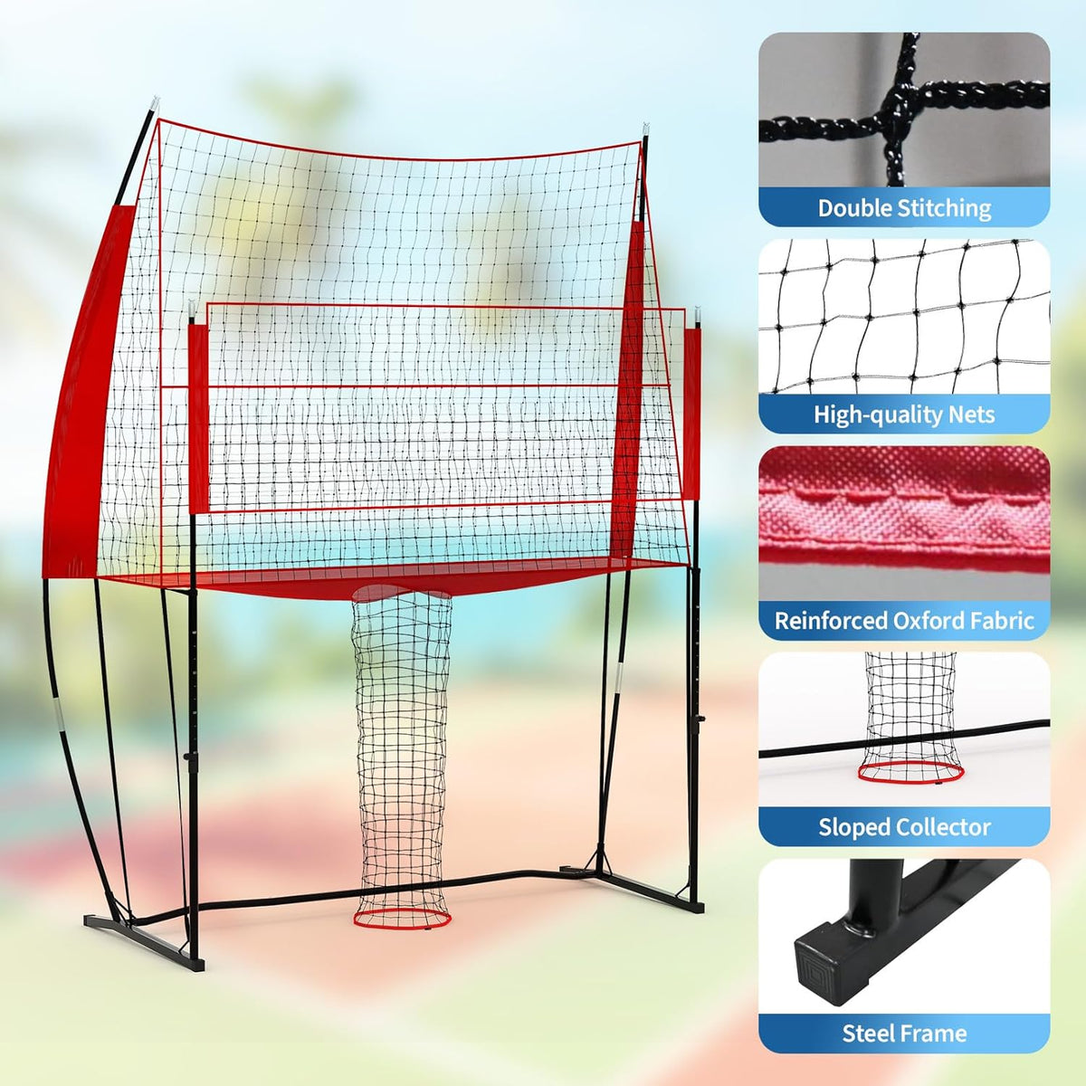 Riedhoff Volleyball Training Net System, Height Adjustable, 8.1 x 11 ft, with Carry Bag, Red