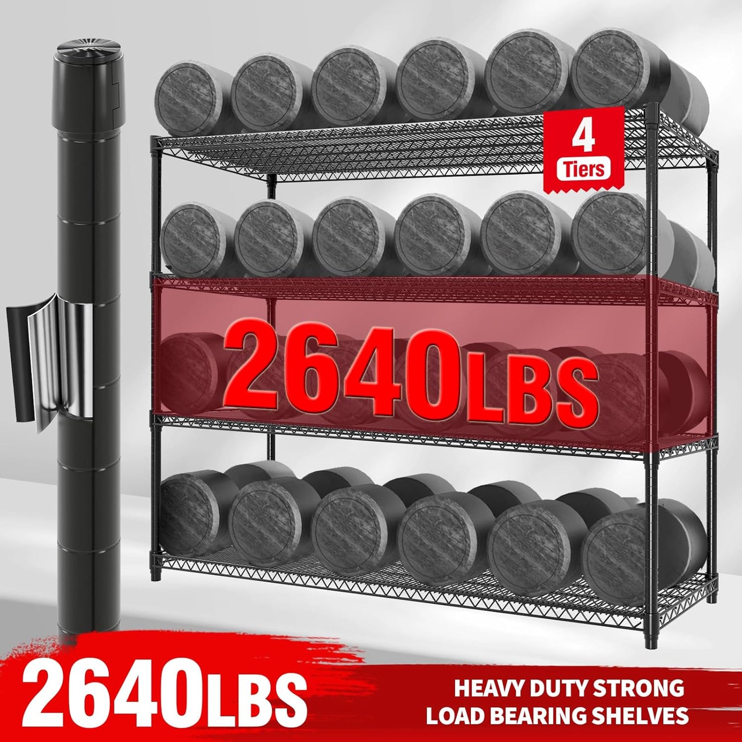 Garvee 4 Tier Metal Storage Shelving Unit with Wheels, Adjustable Rack Shelf, 59" x 23.9" x 73.8", Black