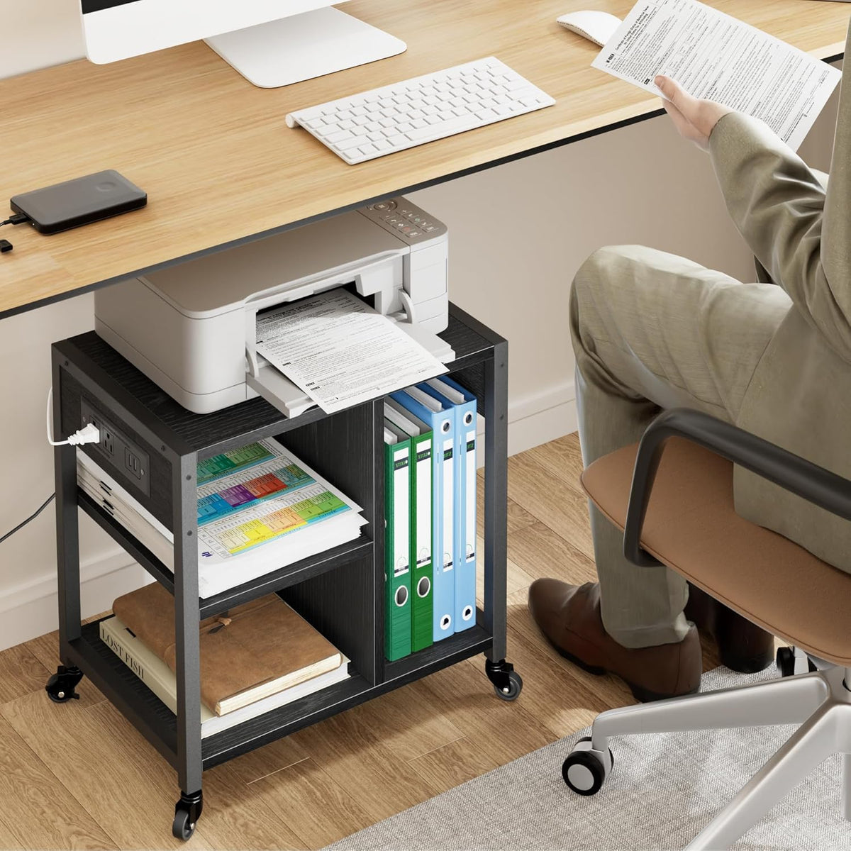 Garvee Rolling Printer Table, 3 Tiers, 17.3 x 11.8 x 18.1", with Lockable Wheels & Power Outlets