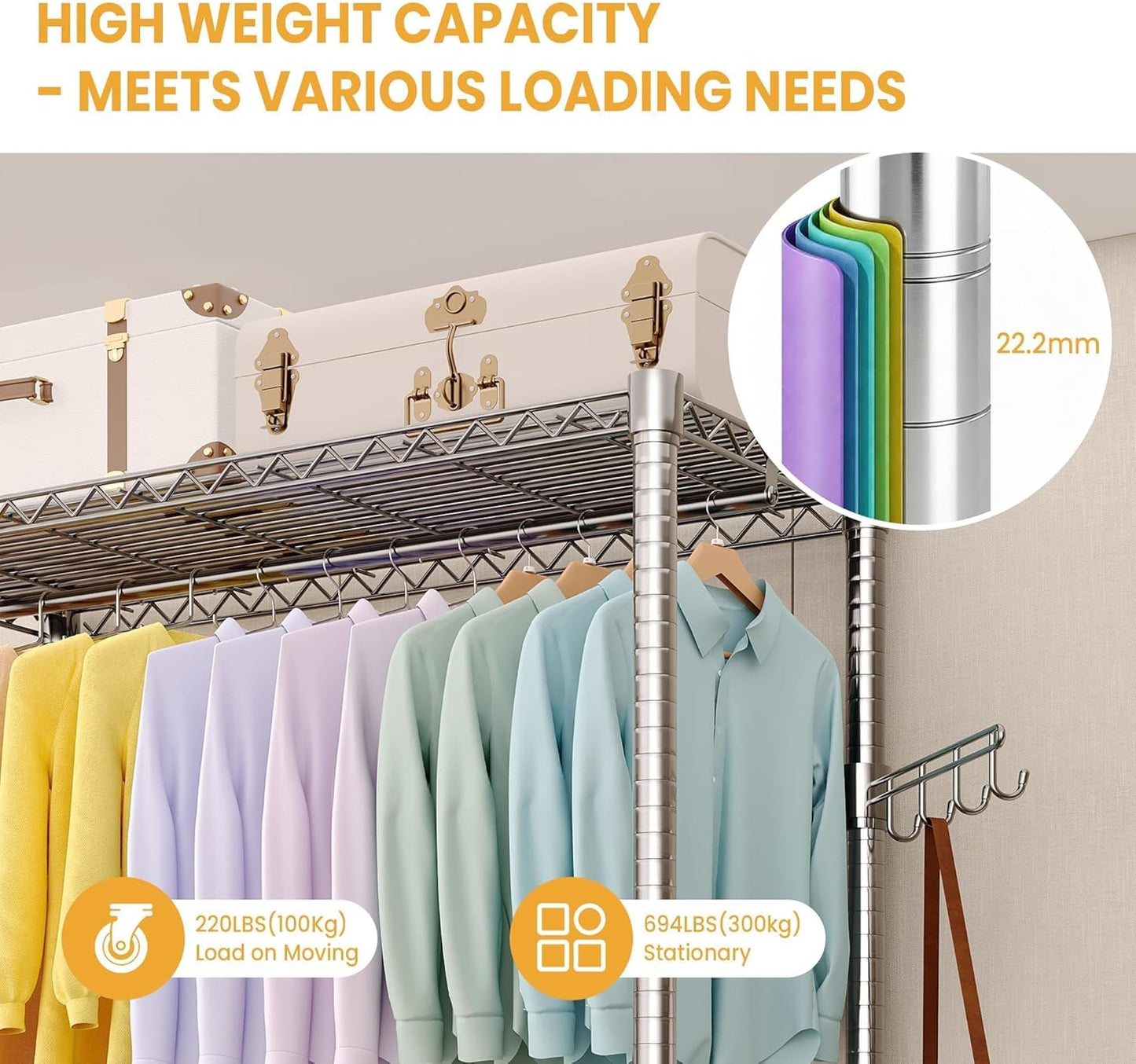 Garvee Rolling Clothes Rack, Adjustable Garment Rack, Wheels and Hooks, 45.2 x 15.8 x 75.7", Silver