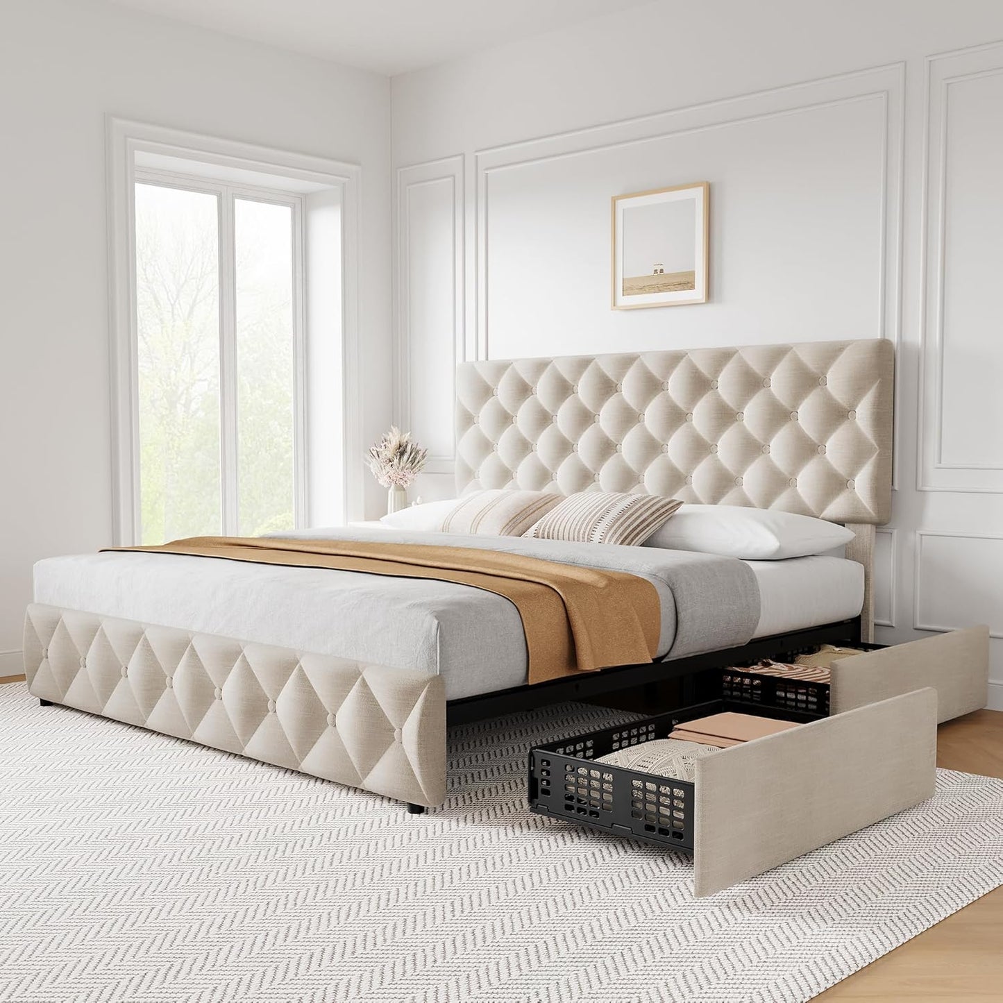 GARVEE Bed Frame with 4 Storage Drawers & Adjustable Headboard