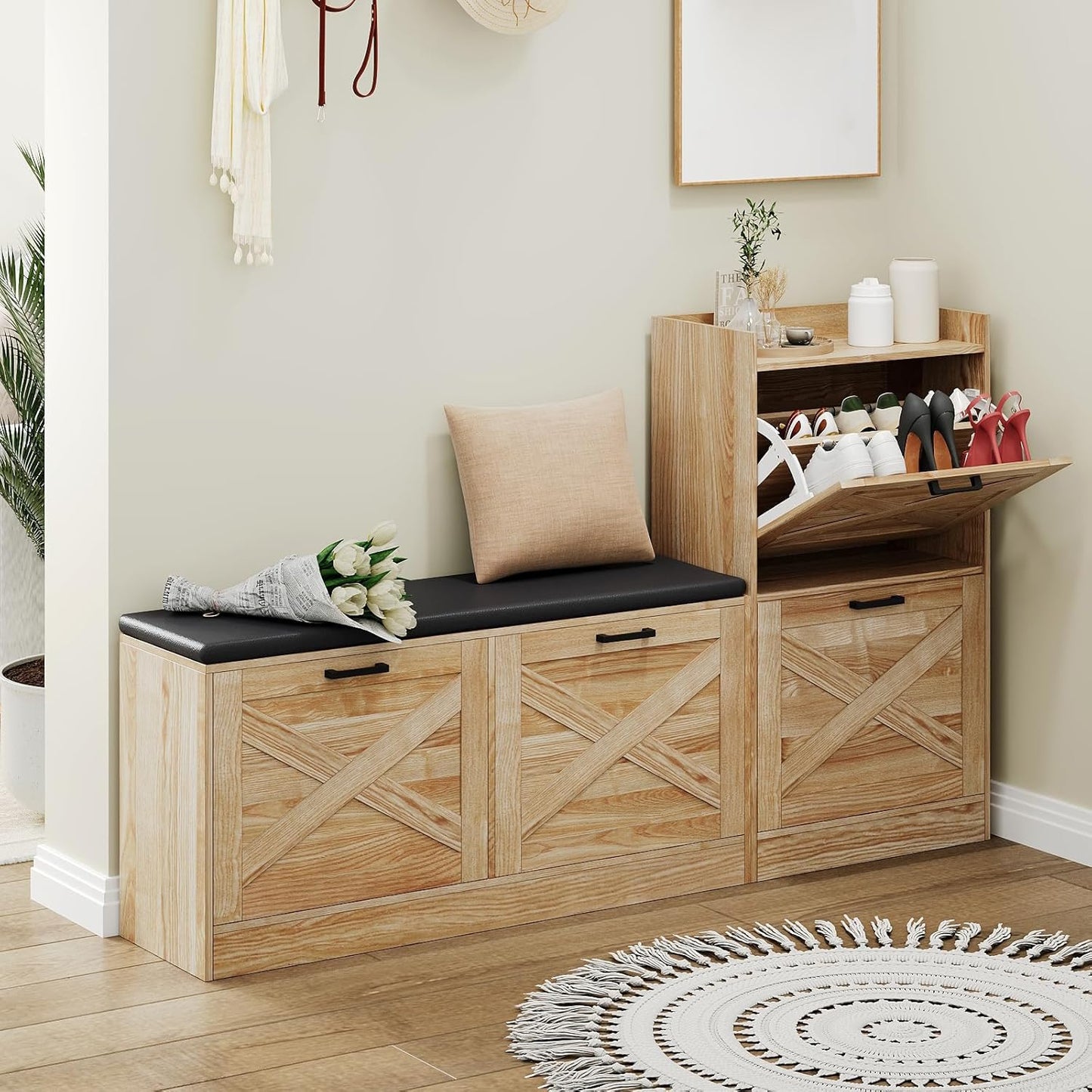 Garvee Shoe Storage Bench, 68.5 x 11.8 x 36.4", with 4 Flip Drawers & Padded Seat Cushion, Oak