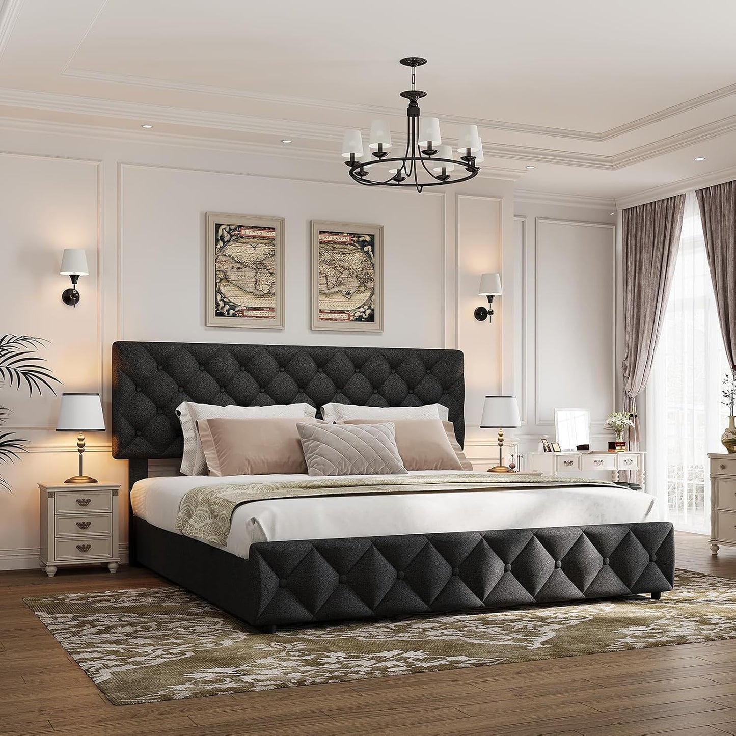 GARVEE Bed Frame with 4 Storage Drawers & Adjustable Headboard