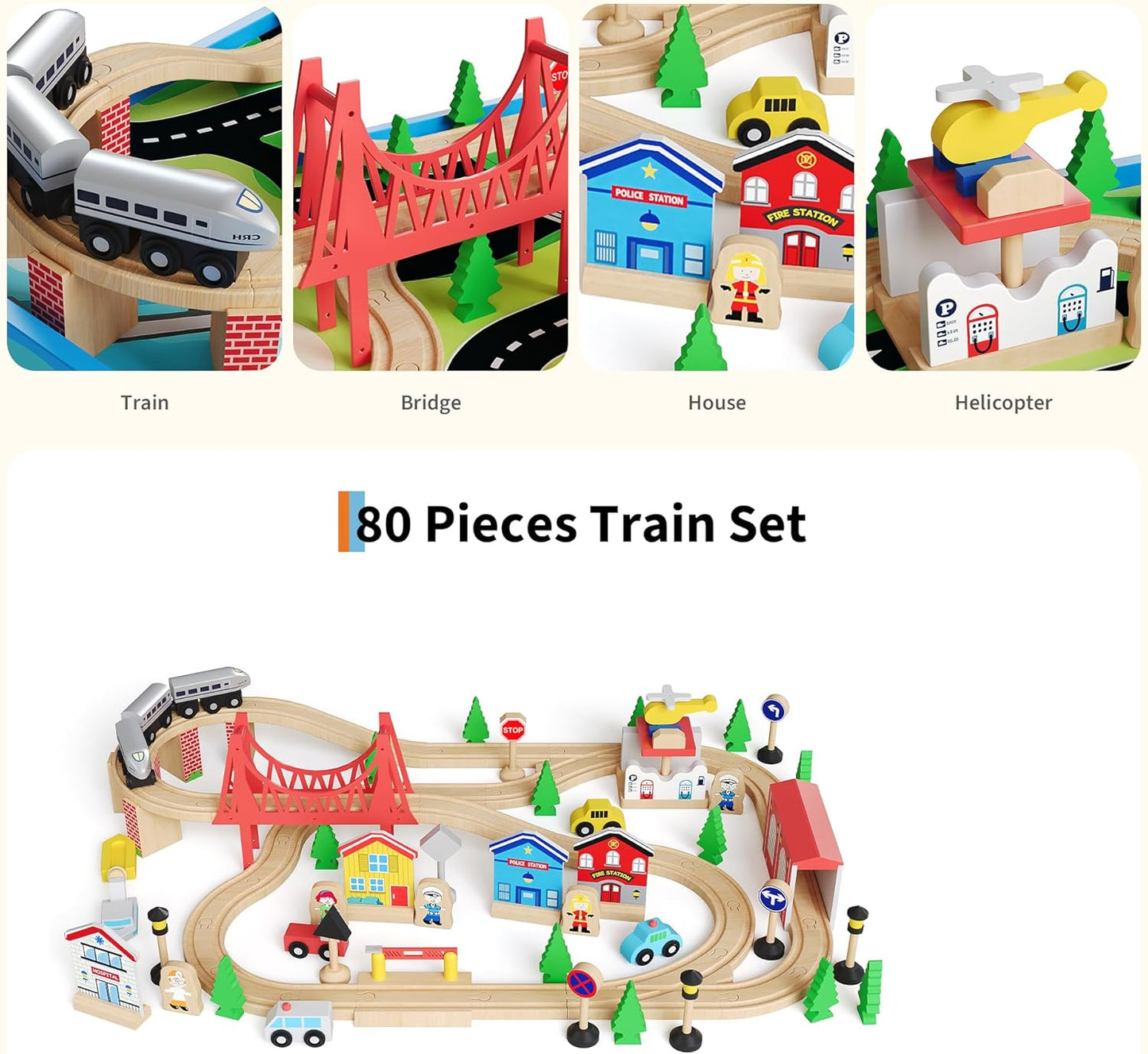 Garvee Wooden ﻿Train Table 33" x 24" x 16", with 80 Multicolor Piece, for Toddlers 3+