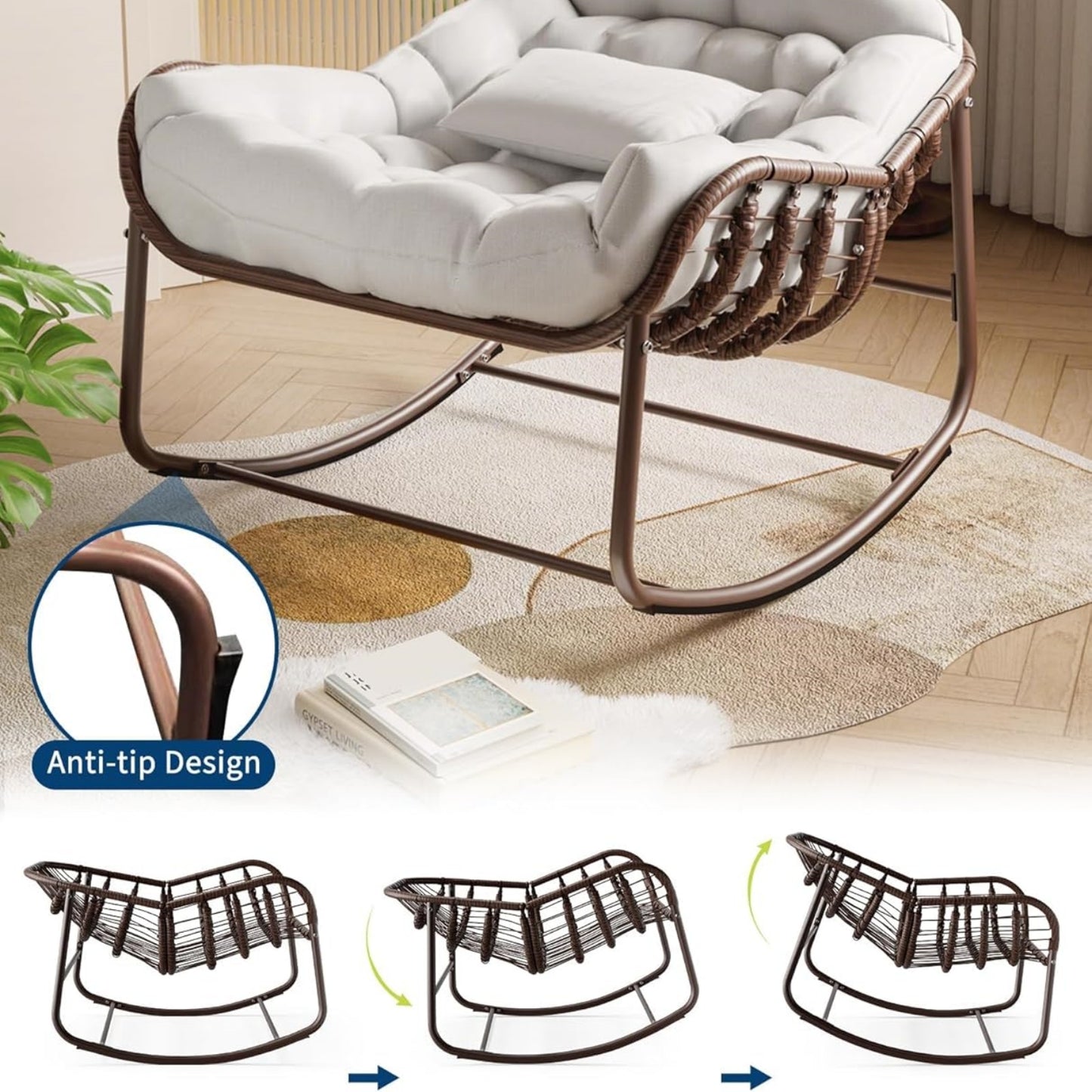 Garvee Outdoor Rocking Chair with Cushion, 36.6 x 33 x 25.2", Oversized Papasan Rocker