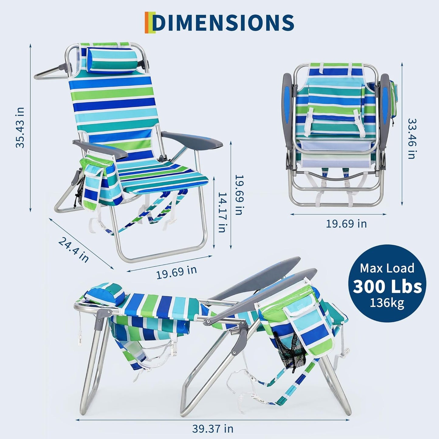 Garvee 2 Pack Portable Beach Chair with Adjustable Backrest & Cup Holders, Ocean Striped