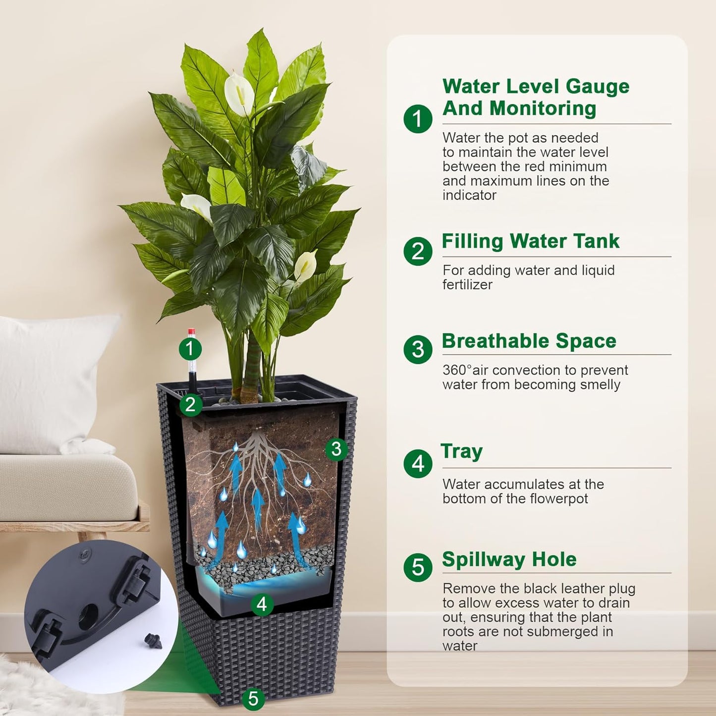 Garvee 22.5" Tall Planter Pots Set of 2, Rattan style, 2 Trays, Water Level Monitor, Wheels, Black