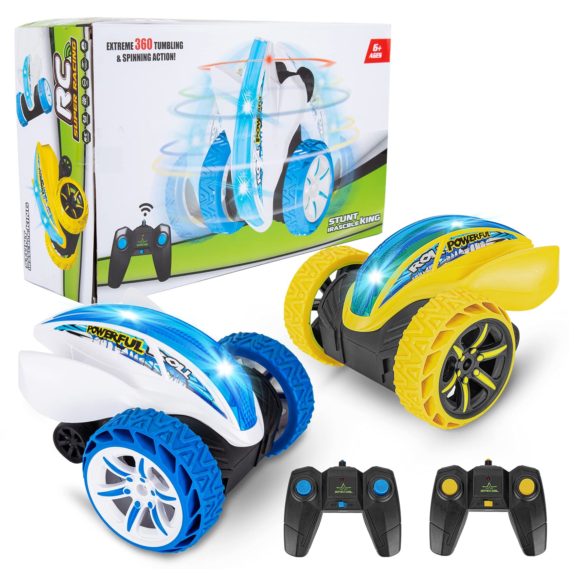 2 Pack Remote Control Car, RC Stunt Cars for Boys 8-12, 4WD 2.4Ghz Double Sided 360?? Rotating RC Car for Kids with Led Lights & 4 Rechargeable Battery,Yellow+Blue