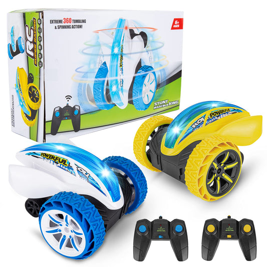 2 Pack Remote Control Car, RC Stunt Cars for Boys 8-12, 4WD 2.4Ghz Double Sided 360?? Rotating RC Car for Kids with Led Lights & 4 Rechargeable Battery,Yellow+Blue