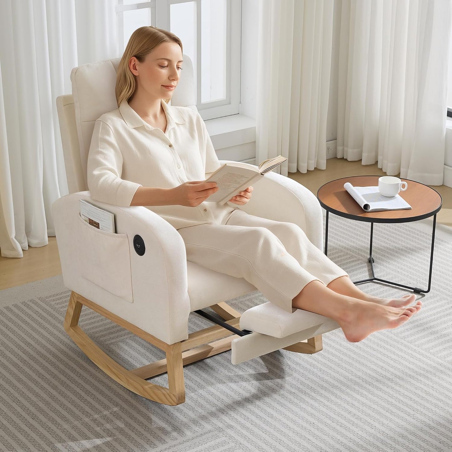 Garvee Nursery Rocking Chair 34.2 x 25.9 x 40.9", with USB Port & Footrest, High Back, Beige