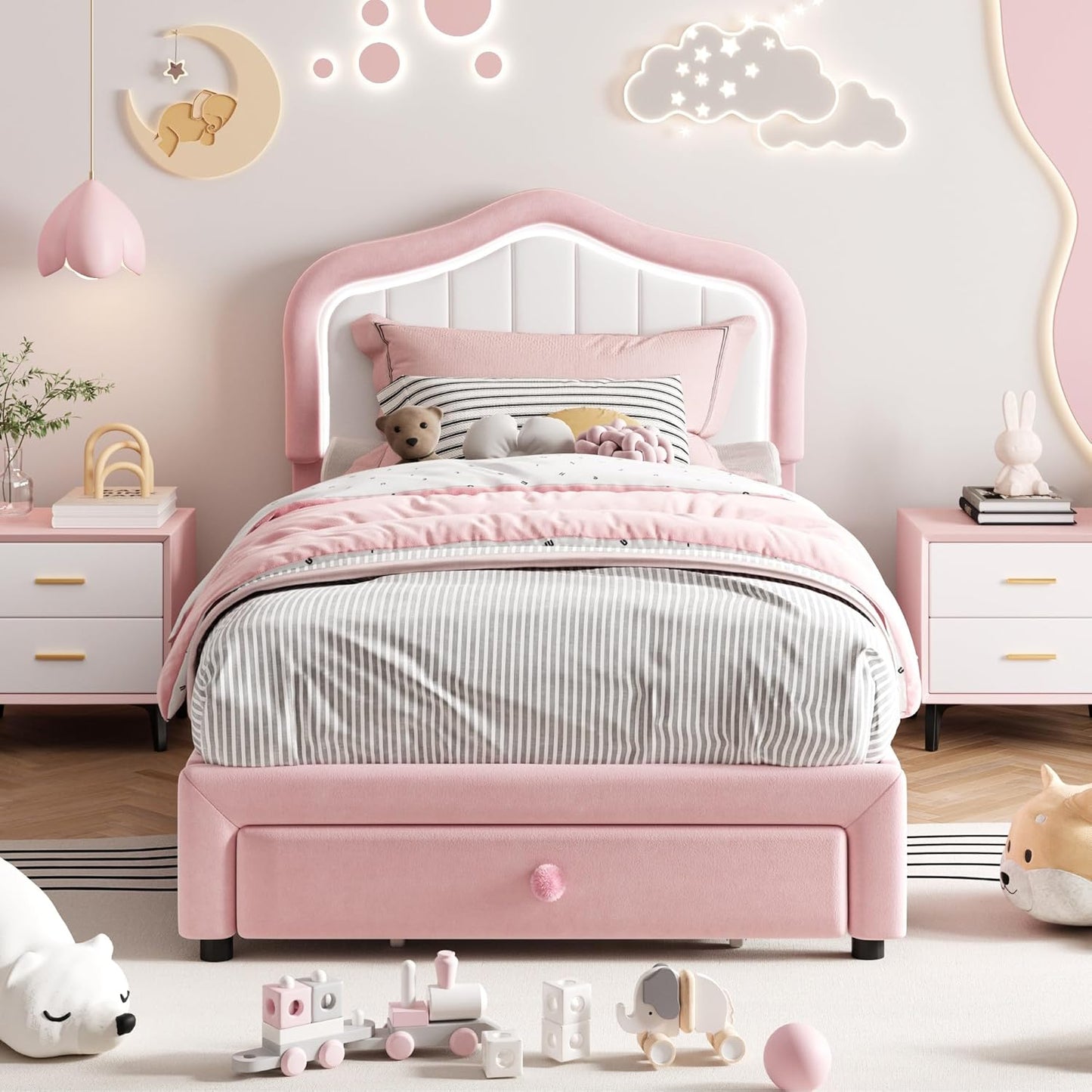 Goldensoil 11.4 inch Twin Size Bed Frame for Girls, with Storage Drawer, LED Light, Pink