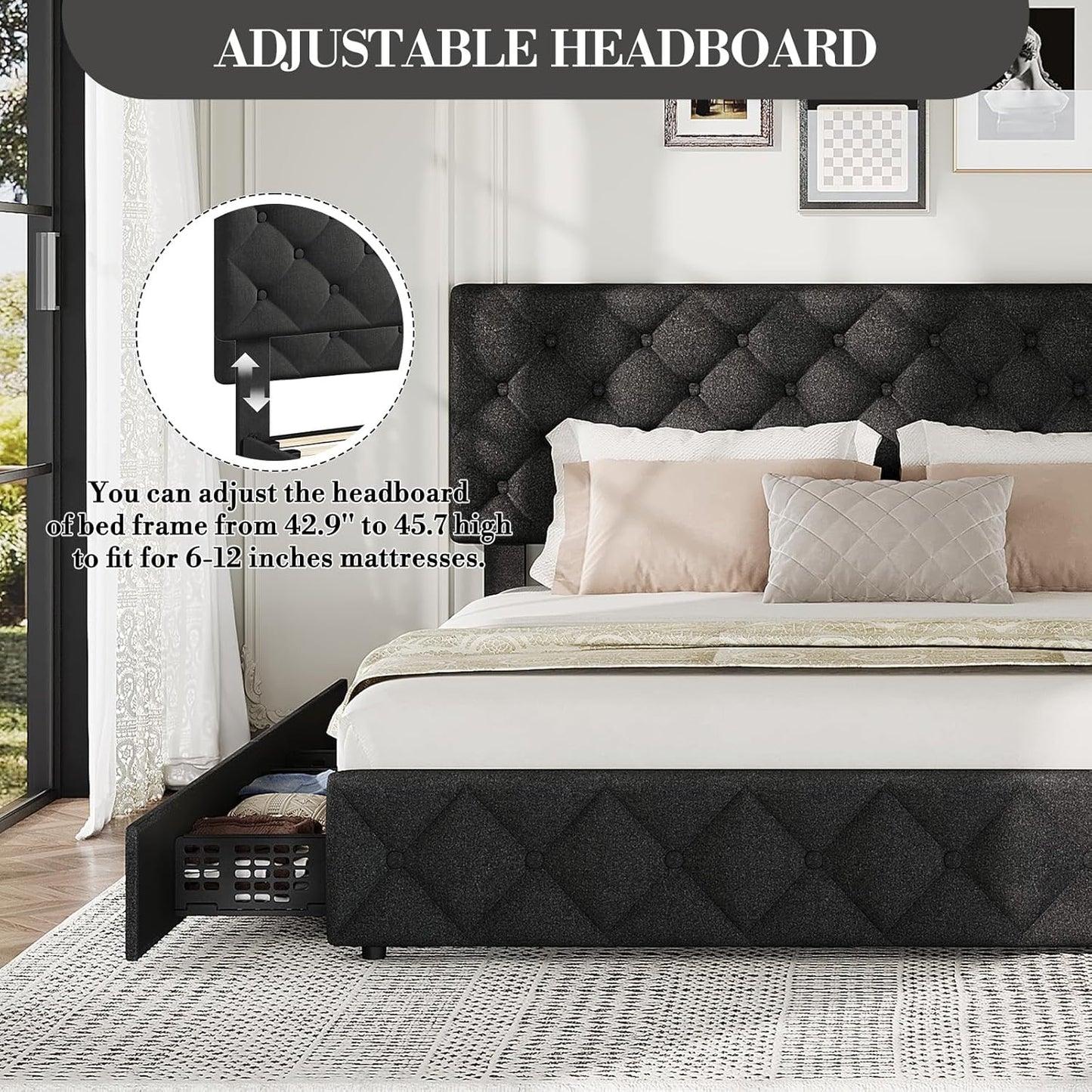 GARVEE Bed Frame with 4 Storage Drawers & Adjustable Headboard