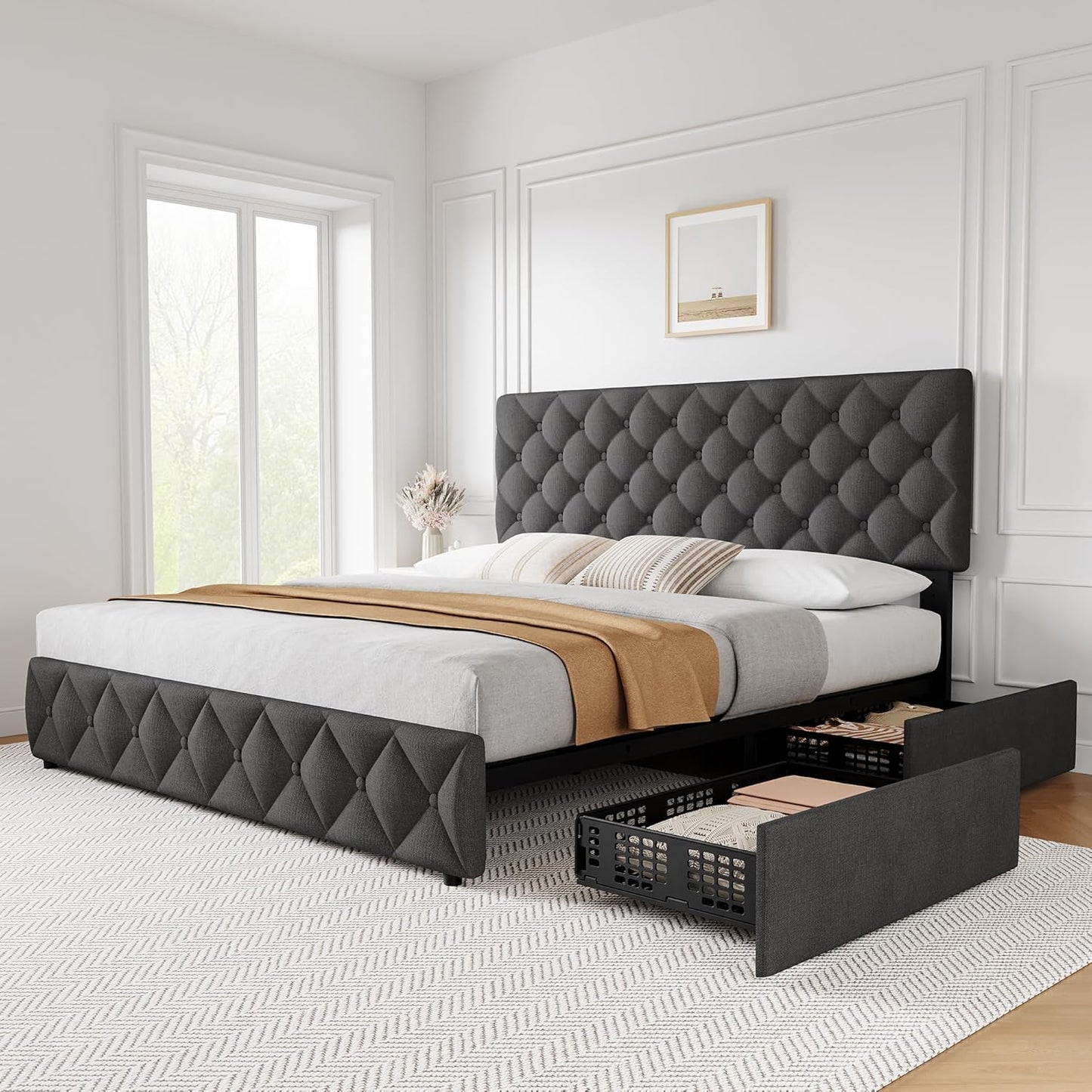 GARVEE Bed Frame with 4 Storage Drawers & Adjustable Headboard
