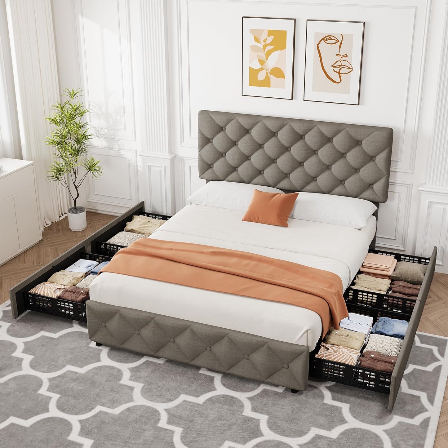 GARVEE Bed Frame with 4 Storage Drawers & Adjustable Headboard