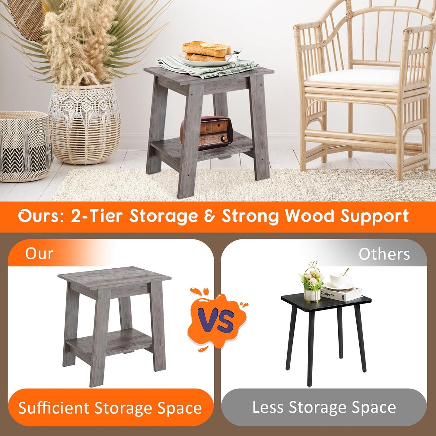 Garvee Farmhouse 2 Tiers End Table, with Storage Shelves