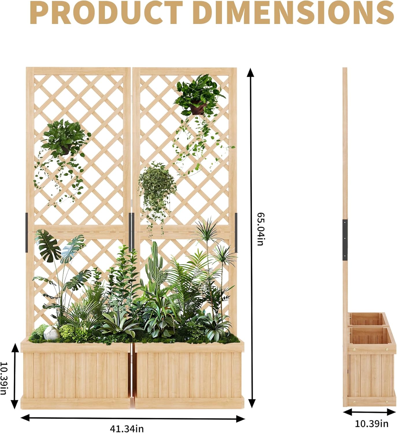 Riedhoff Outdoor Planter Boxes with 2 Privacy Screen, 41" x 10" x 65", Drain Holes, Natural