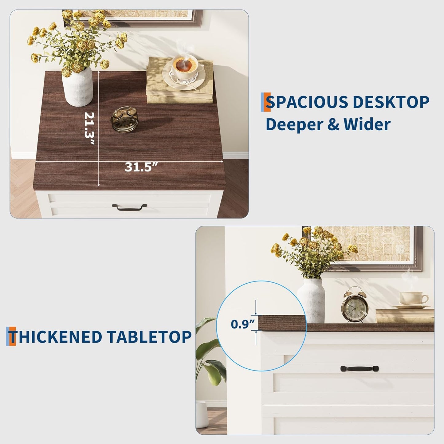 Garvee Lateral File Cabinet, 2 Drawers, Deepened Tabletop, 31.5 x 21.26 x 30", Brown & White