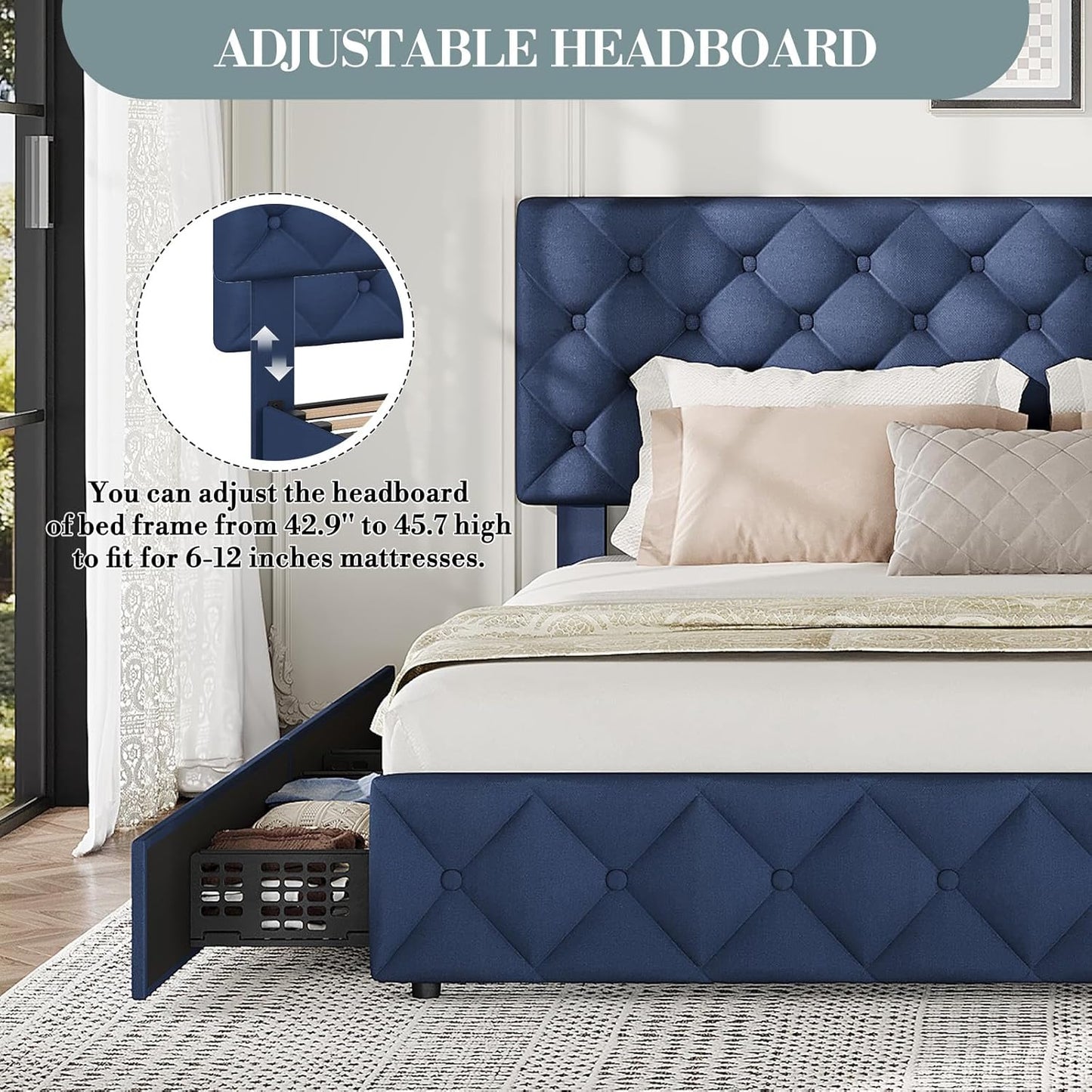 GARVEE Bed Frame with 4 Storage Drawers & Adjustable Headboard