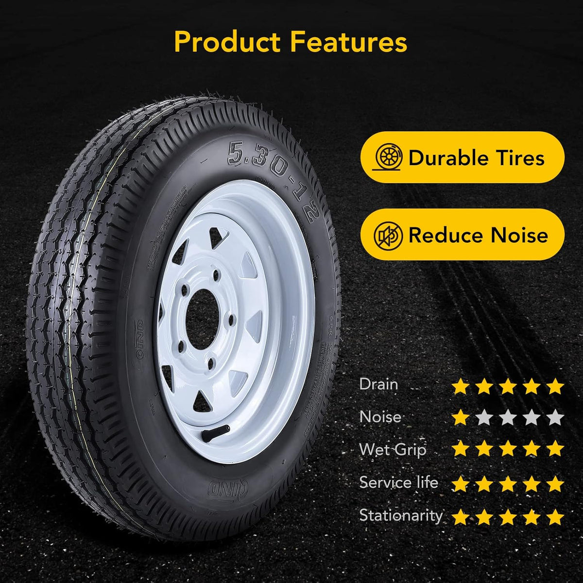 Riedhoff 5.30-12 Trailer Tires 2 Pack, with 12'' Rims, 5 Lug on 4.5", Load Range C, 6 PR, Black