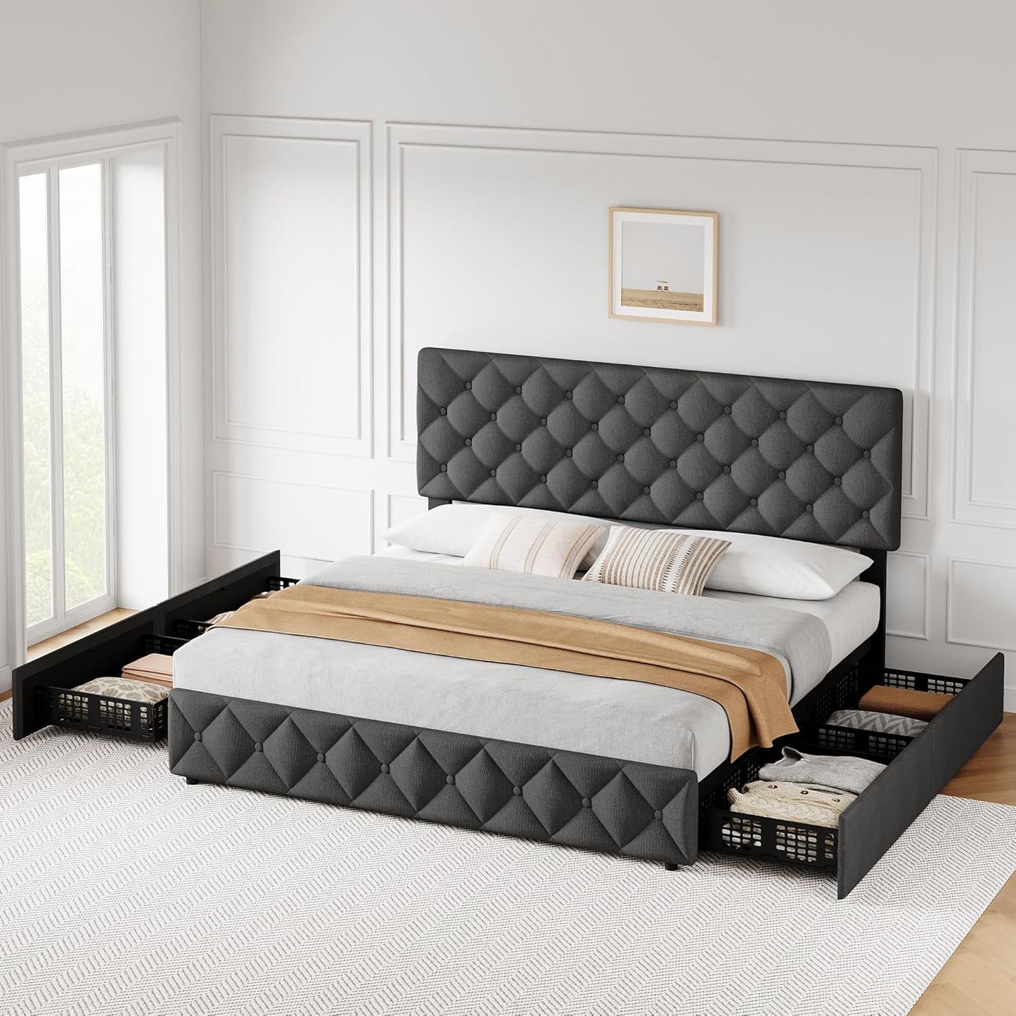 GARVEE Bed Frame with 4 Storage Drawers & Adjustable Headboard