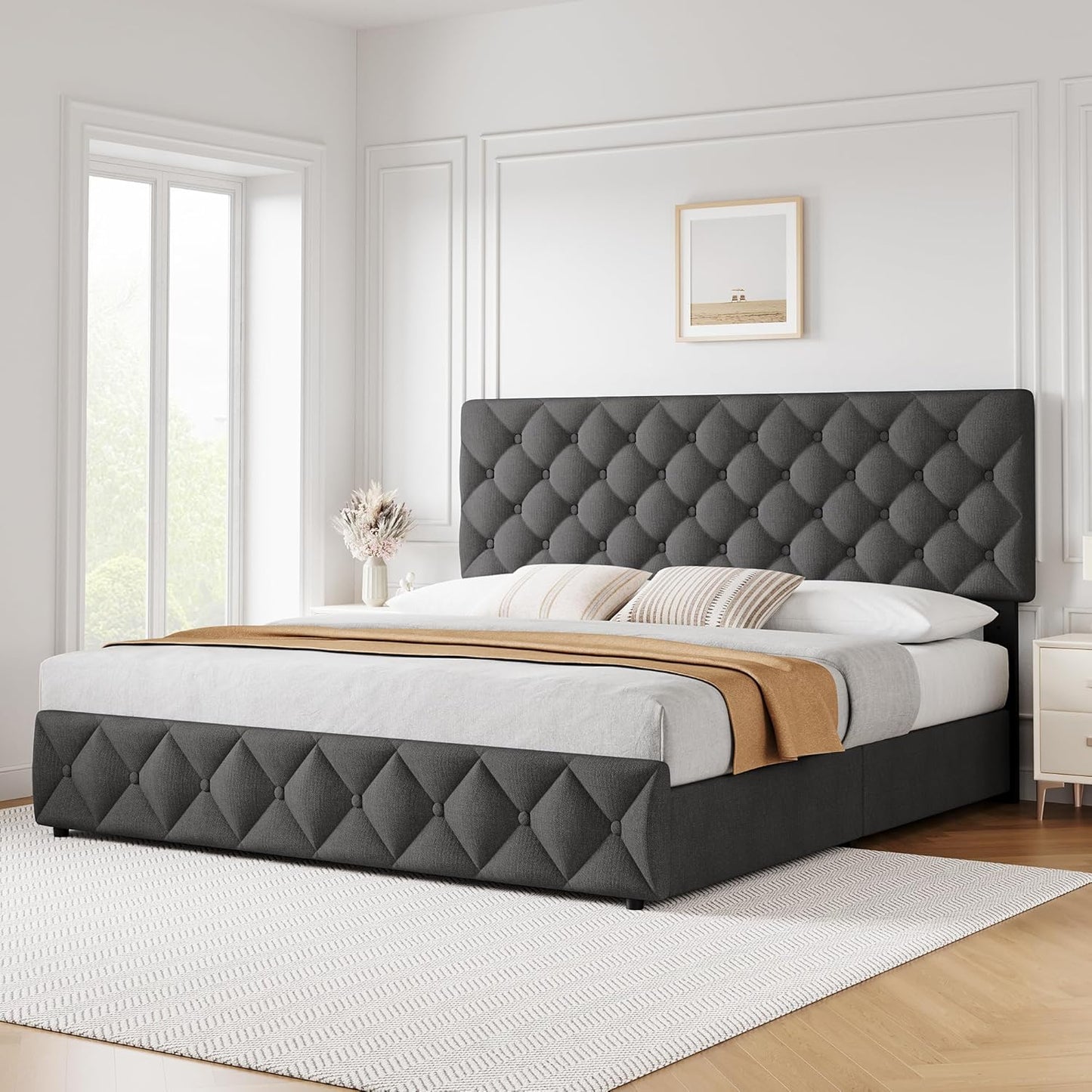 GARVEE Bed Frame with 4 Storage Drawers & Adjustable Headboard