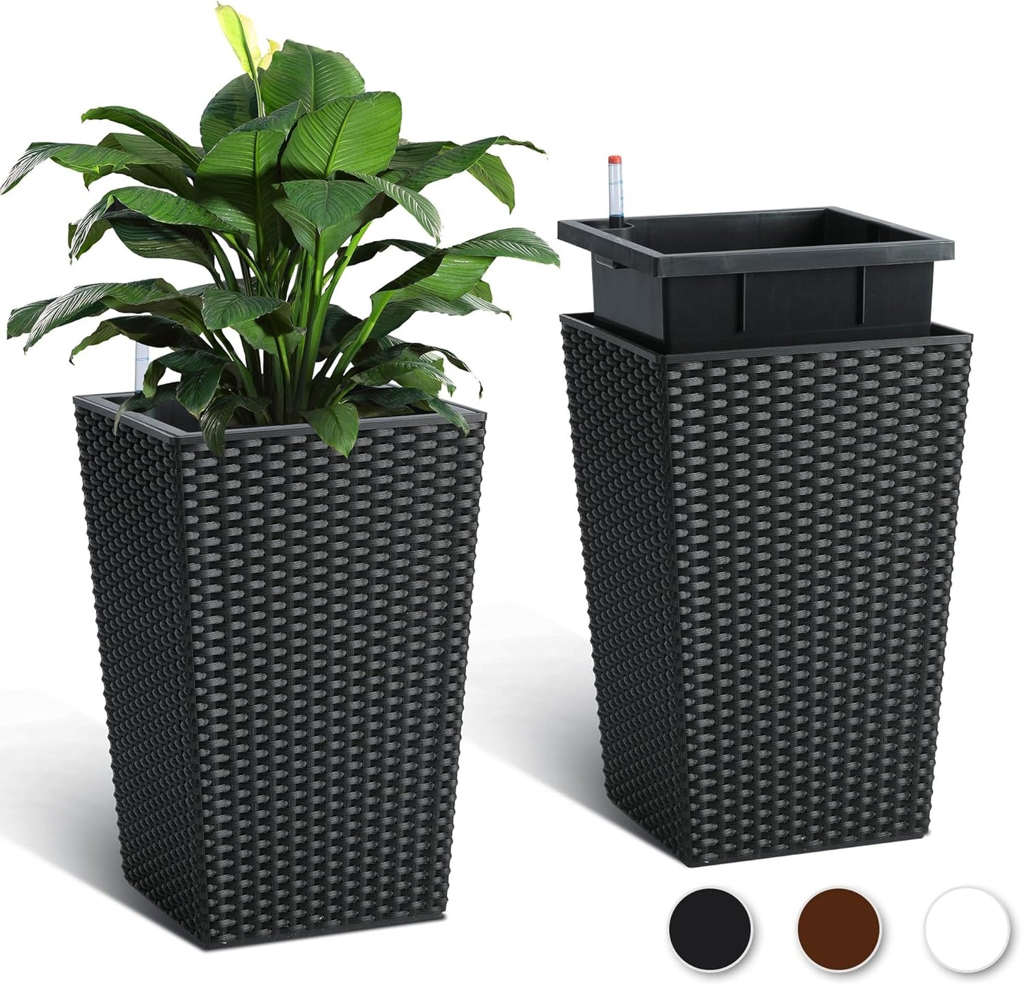 Garvee 15.6" Tall Planter Pots Set of 2, Rattan style, Tray & Water Level Monitor