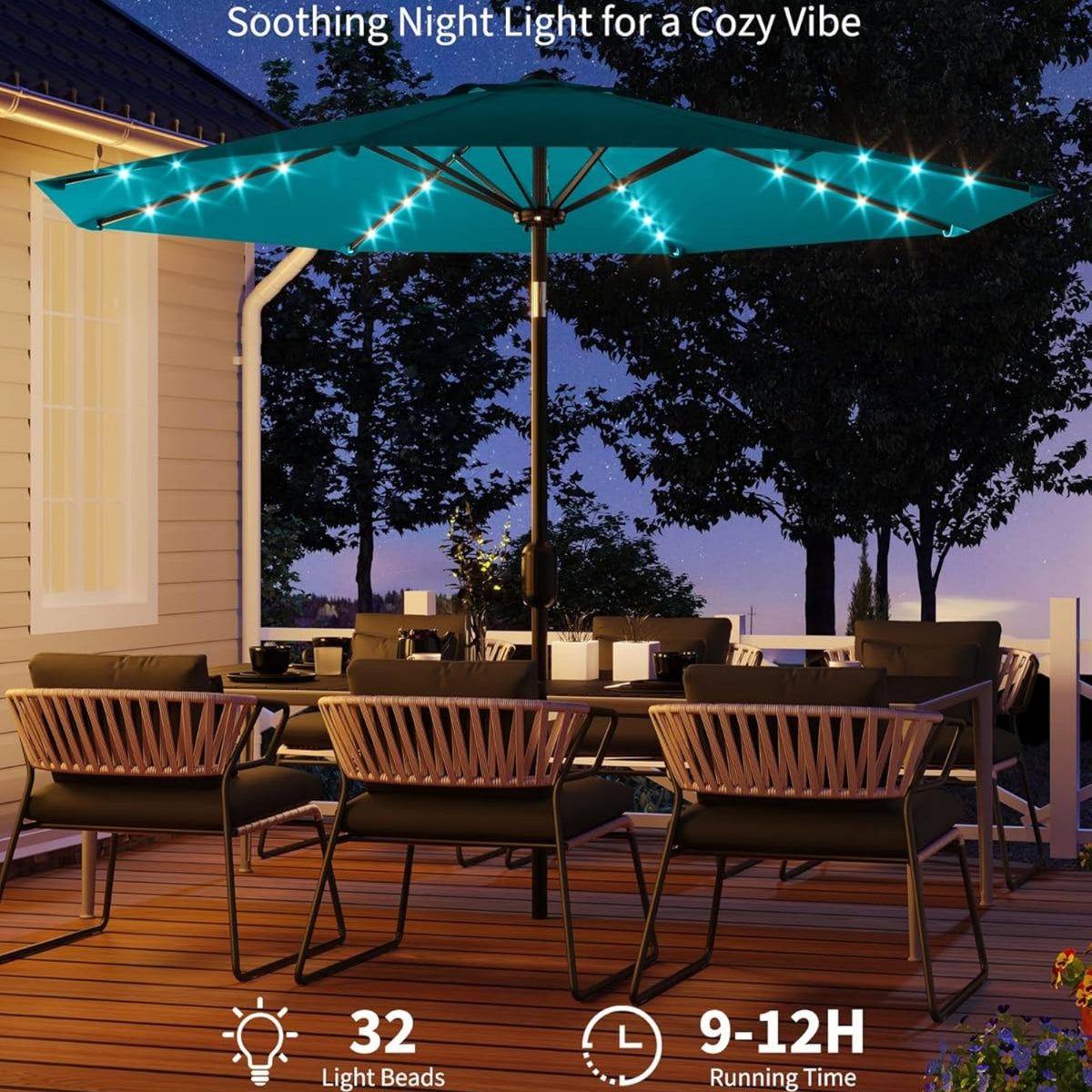 Riedhoff 9 feet Patio Umbrella with 32 LED Solar Lights, 8 Ribs, Tilt Crank