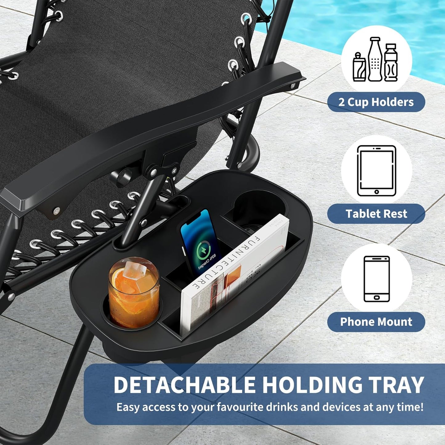 Garvee Adjustable Zero Gravity Lounge Chair Set of 2, Pillow & Cup Holder Tray
