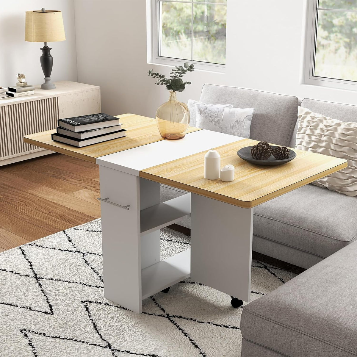 Garvee 47.2" Folding Dining Table, Folding and Expandable, 6 Wheels & 2 Storage Shelf