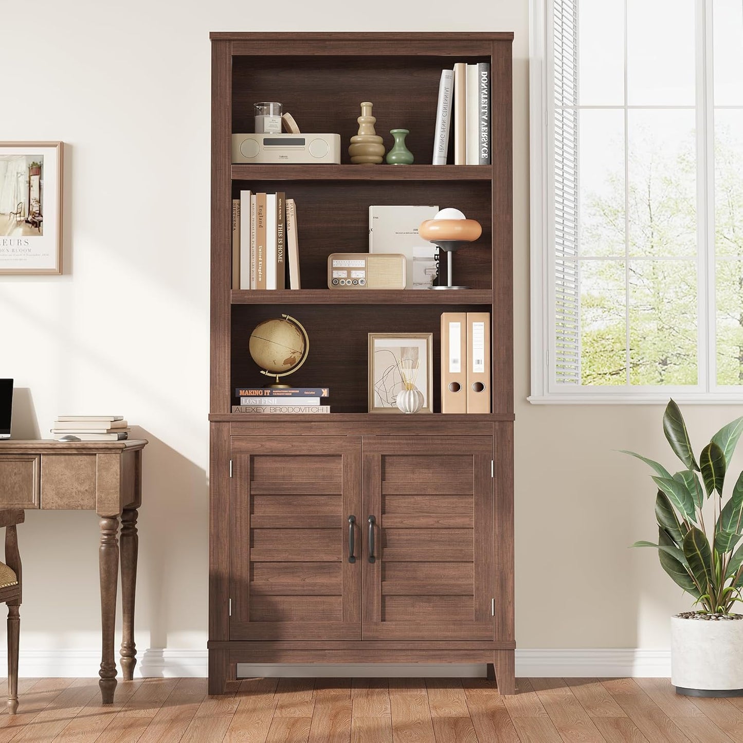 Garvee 5 Tier Farmhouse Bookcase 31.5 x 11.8 x 71.3", 2 Doors & 3 Adjustable Shelf, Brown