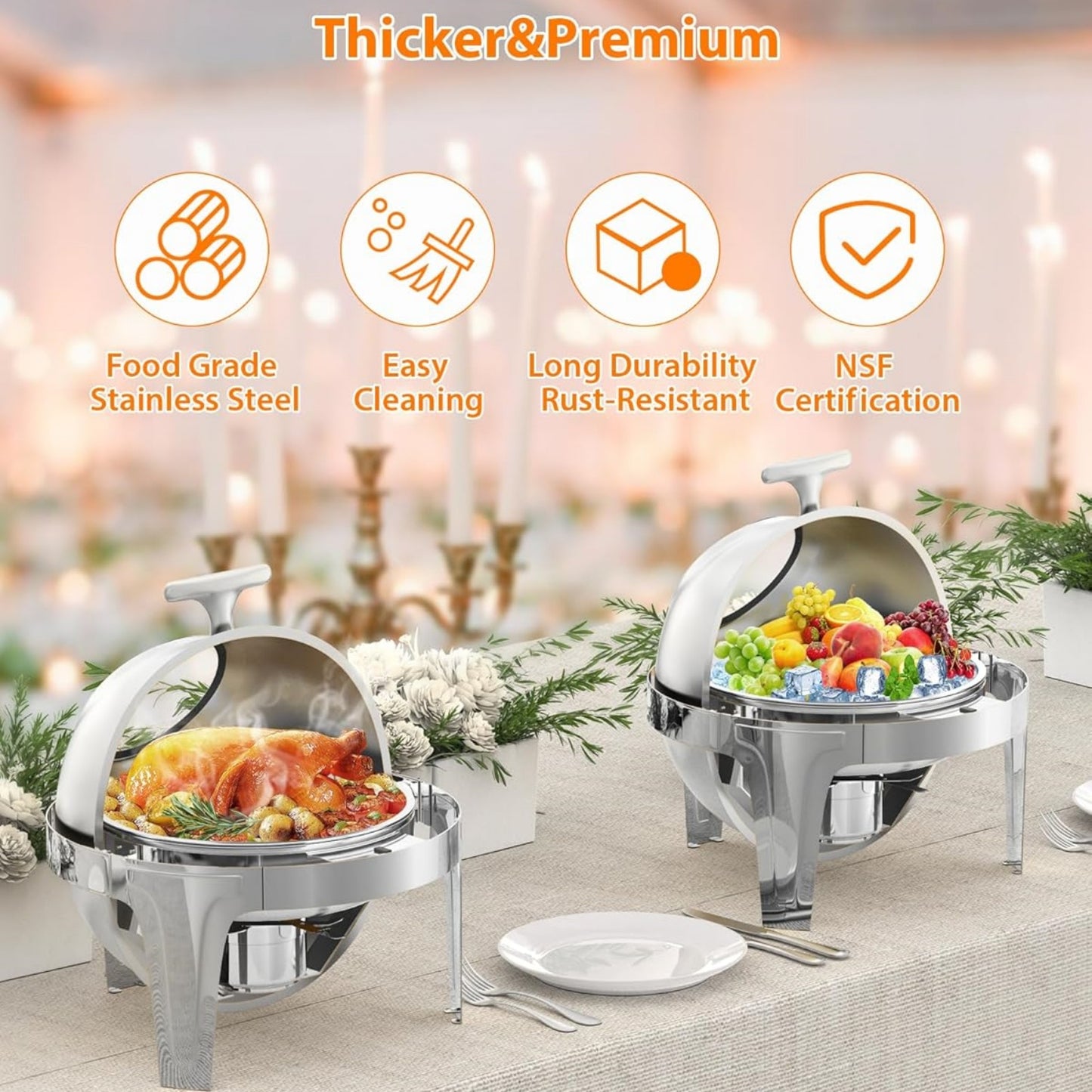 Garvee Chafing Dish Buffet Set with Roll Top 6.3 QT, Glass Window & Full Size Food Pan, Silver