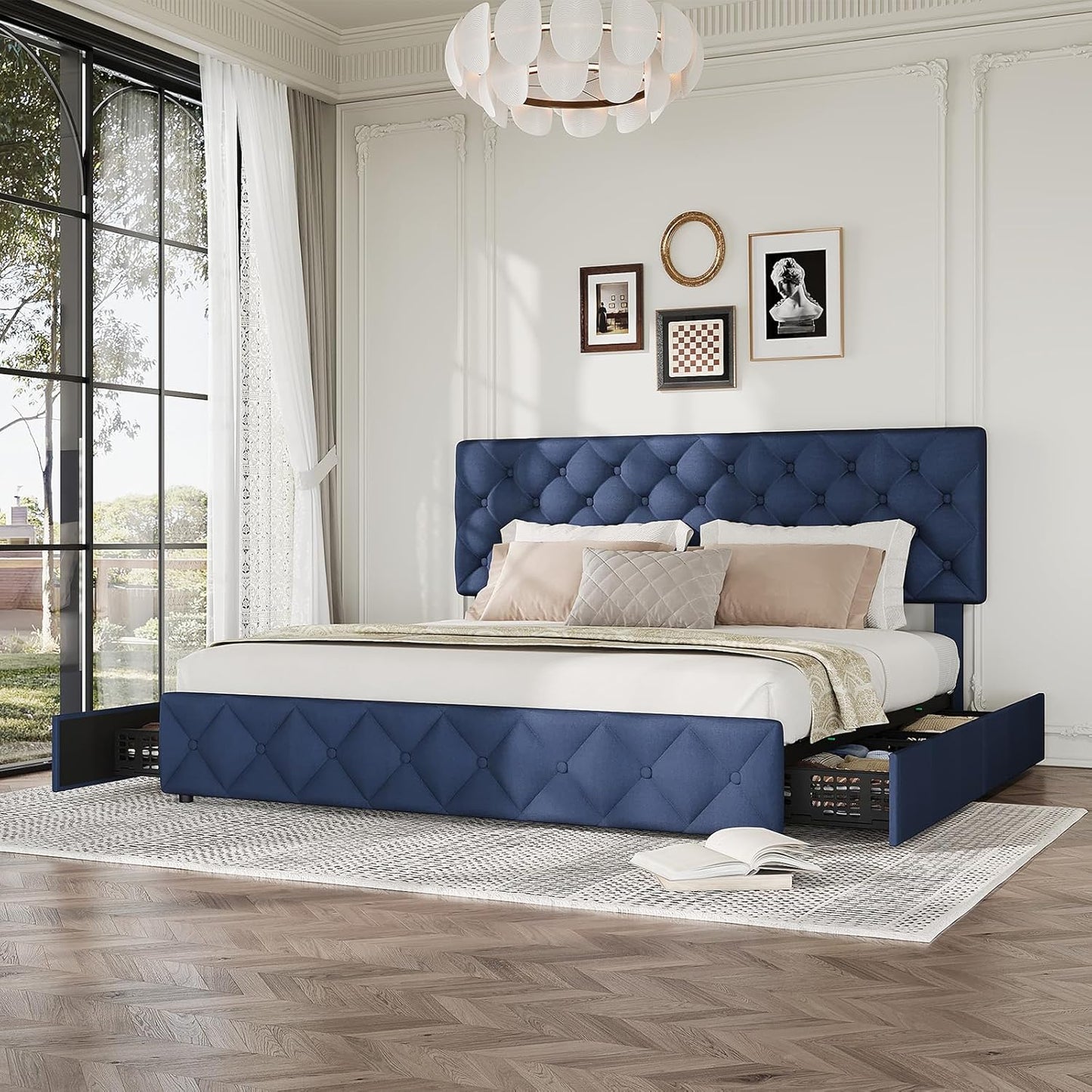 GARVEE Bed Frame with 4 Storage Drawers & Adjustable Headboard