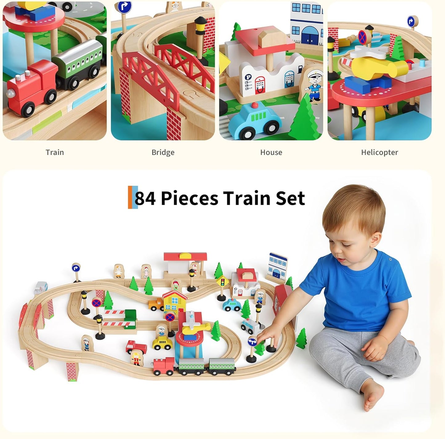 Garvee Wooden Train Table, 84 Piece Set with 1 Storage Bin, 38.2 x 24.6 x 15.6 Inch, for Toddlers 3+