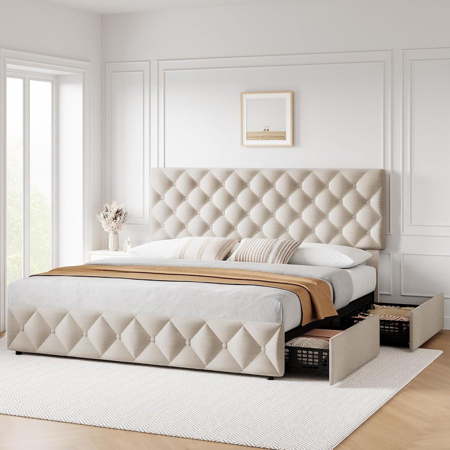 GARVEE Bed Frame with 4 Storage Drawers & Adjustable Headboard
