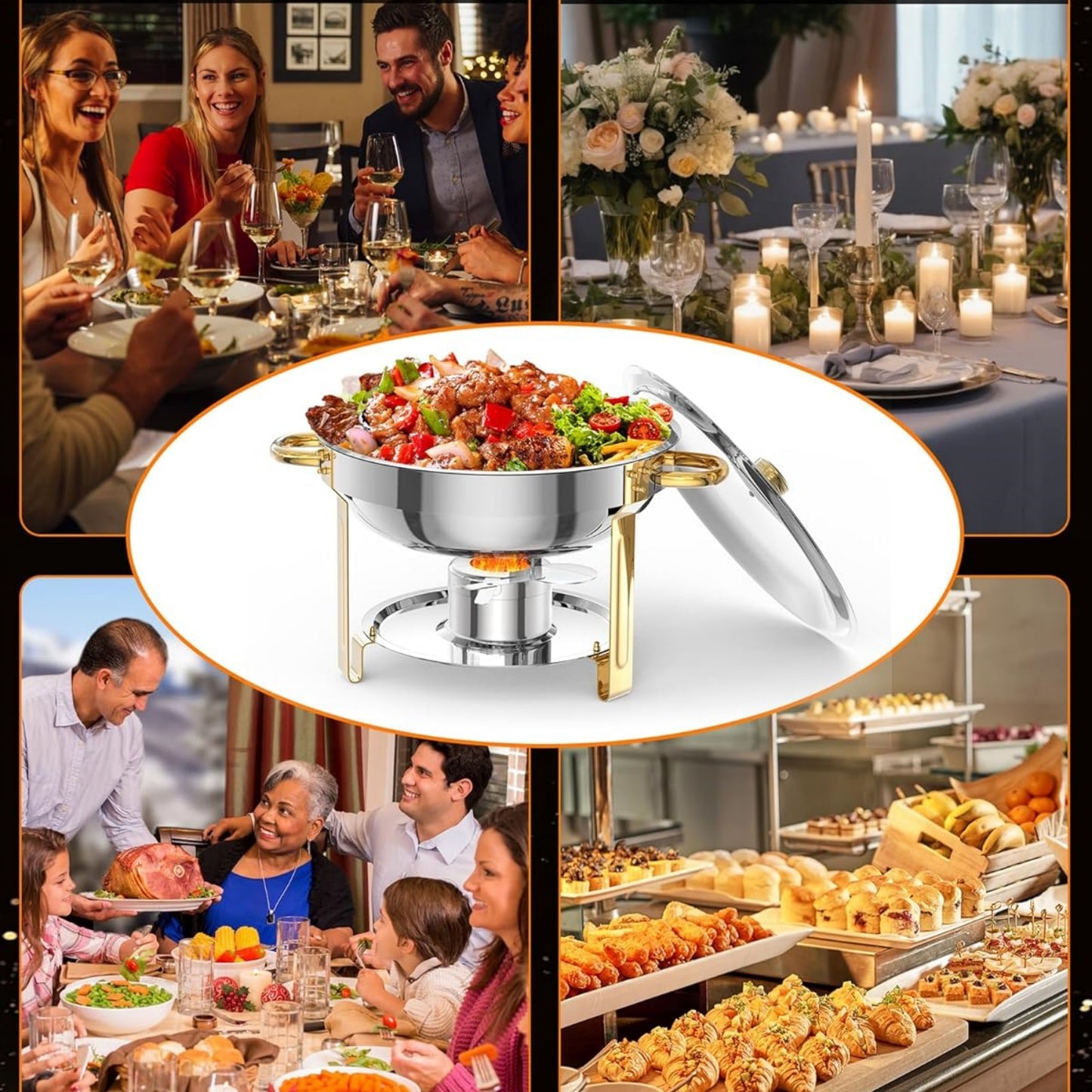 Garvee 5 qt Round Food Warmers Chafing Dish Buffet, Gold