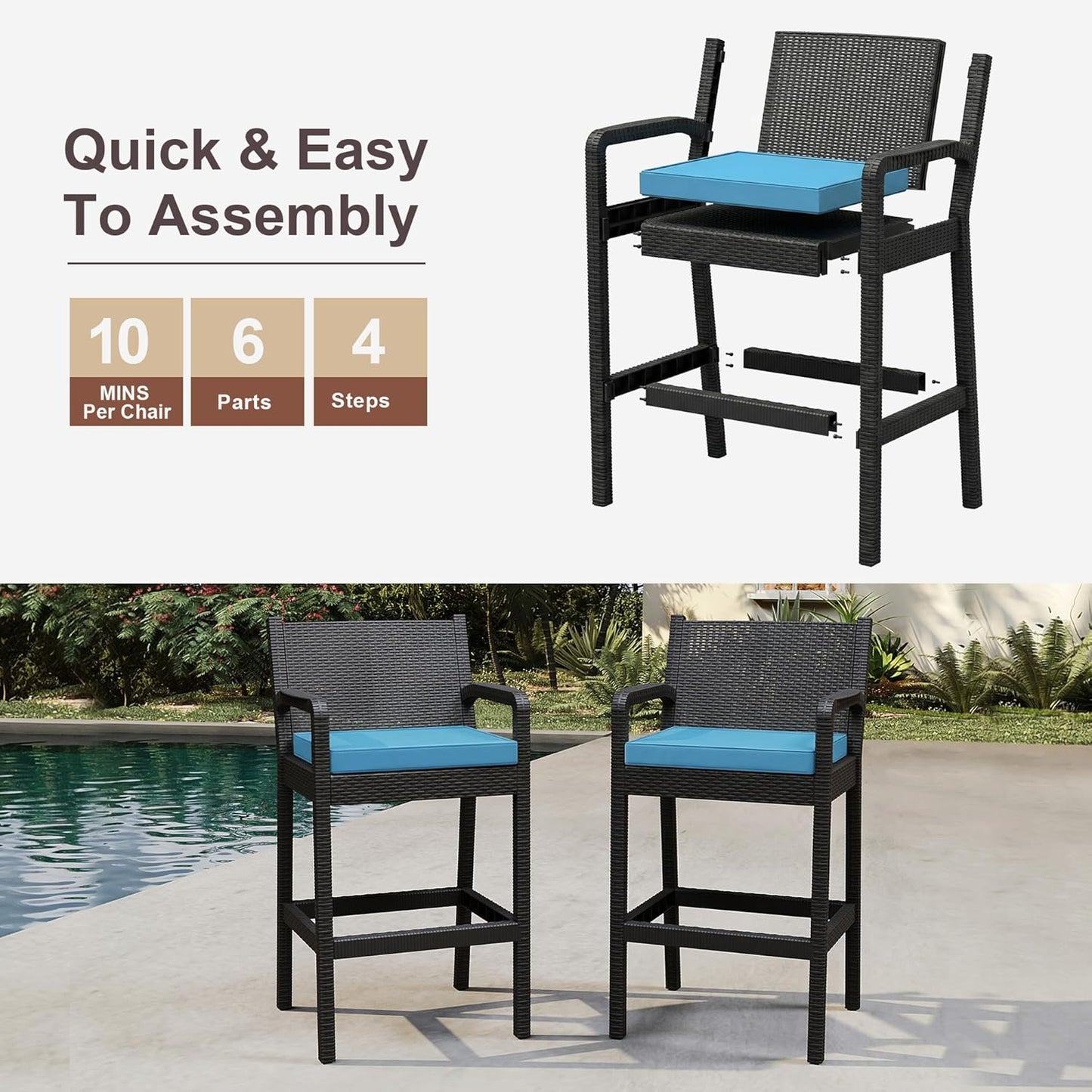 Garvee Patio Bar Stools Wicker Barstools, Set of 2, with Footrest & Armrest, 24.7 x 17.24 x 44.5"