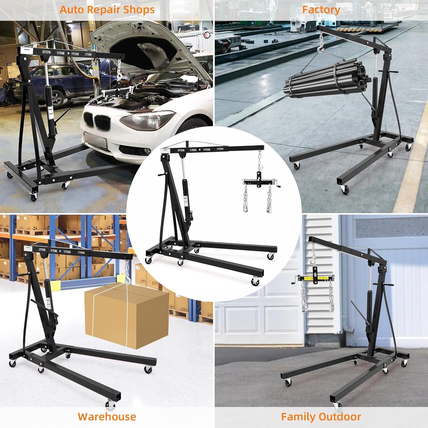 Garvee Steel Folding Hydraulic Engine Hoist, Heavy Duty with Lever, 2 Ton Max, 6 Wheels