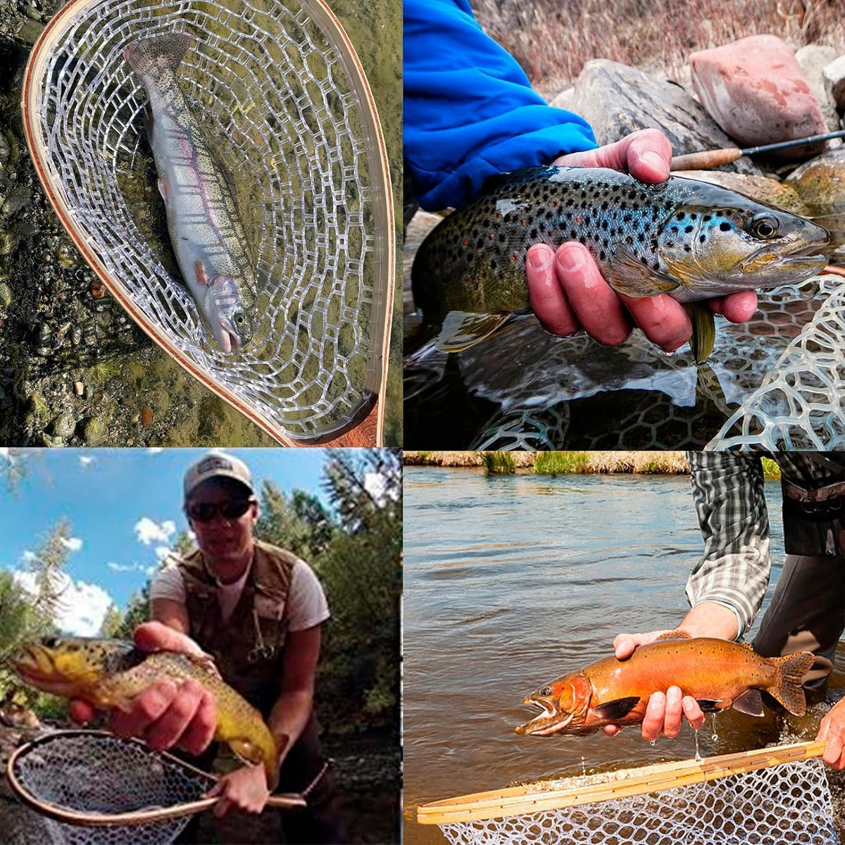 Riedhoff Wooden Handle Fly Fishing Net, with Durable Clear Rubber Net, 24" x 11" x 10"