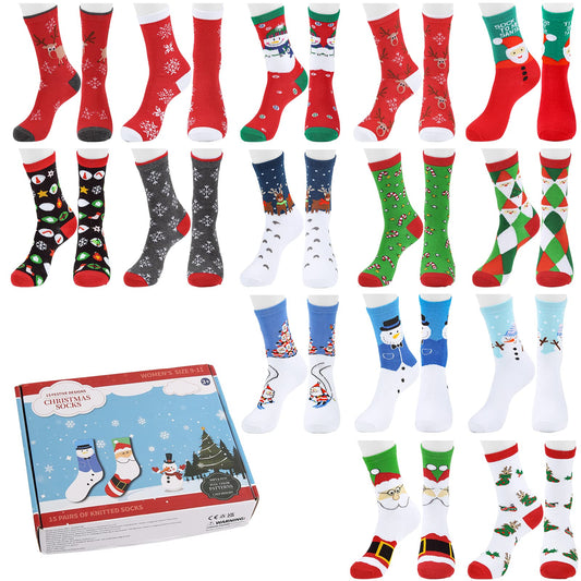 15 Pairs Crew Christmas Holiday Socks?¨º?Cozy Funny Cotton Knit Xmas Soft Socks,Colorful Festive Design for Man Woman Girls Winter Novelty Christmas Gifts with Gift Box